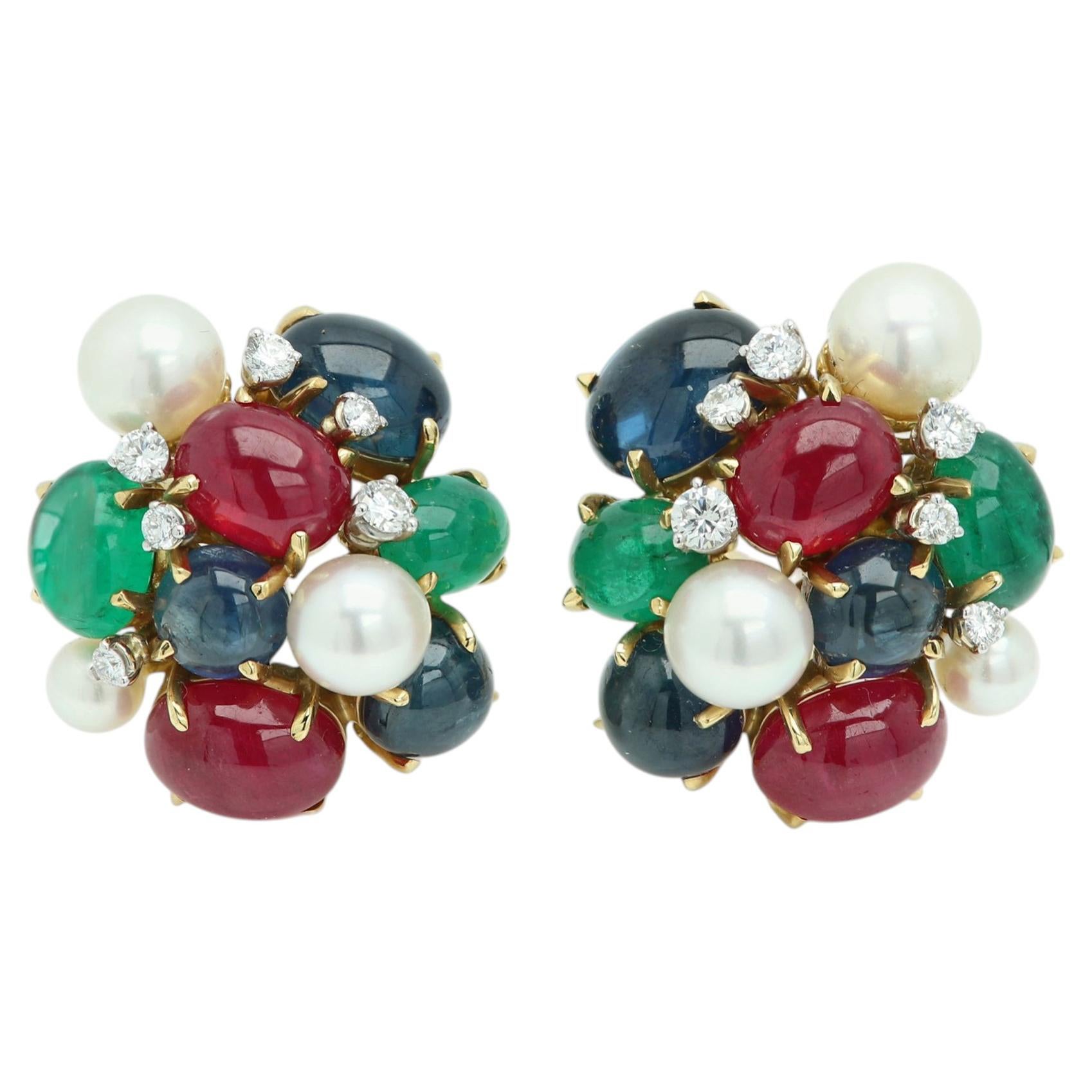 Seaman Schepps 18k Multi Gems Bombé Bubble Earrings Sapphire Emerald and Ruby For Sale