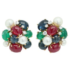 Boucles d'oreilles bombées « Bubble » Seaman Schepps en or 18 carats, serties de saphirs, d'émeraudes et de rubis