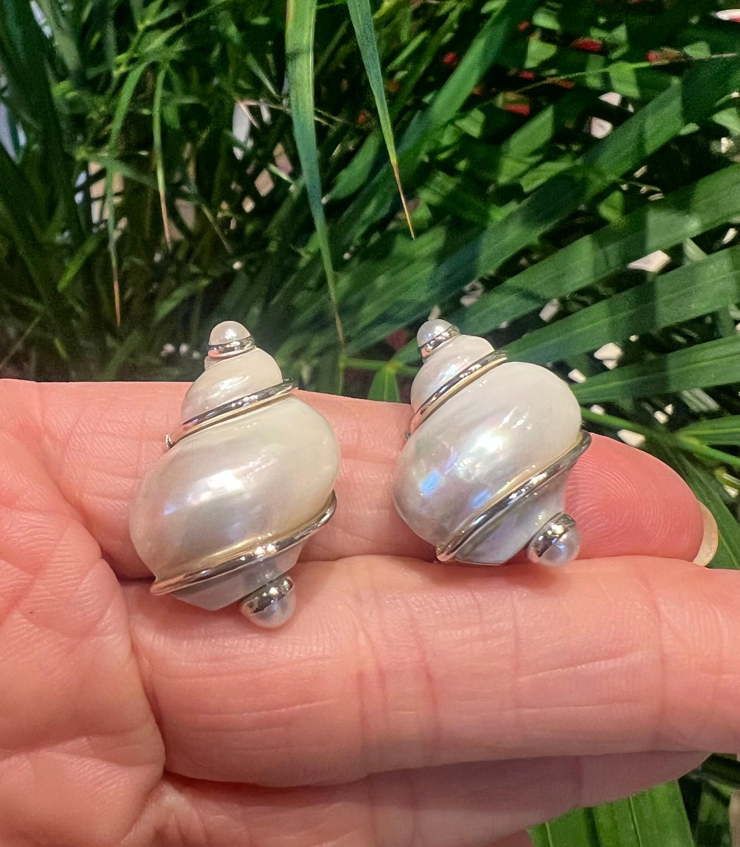 Seaman Schepps 18k White Gold Pearl Turbo Shell Earrings For Sale 2