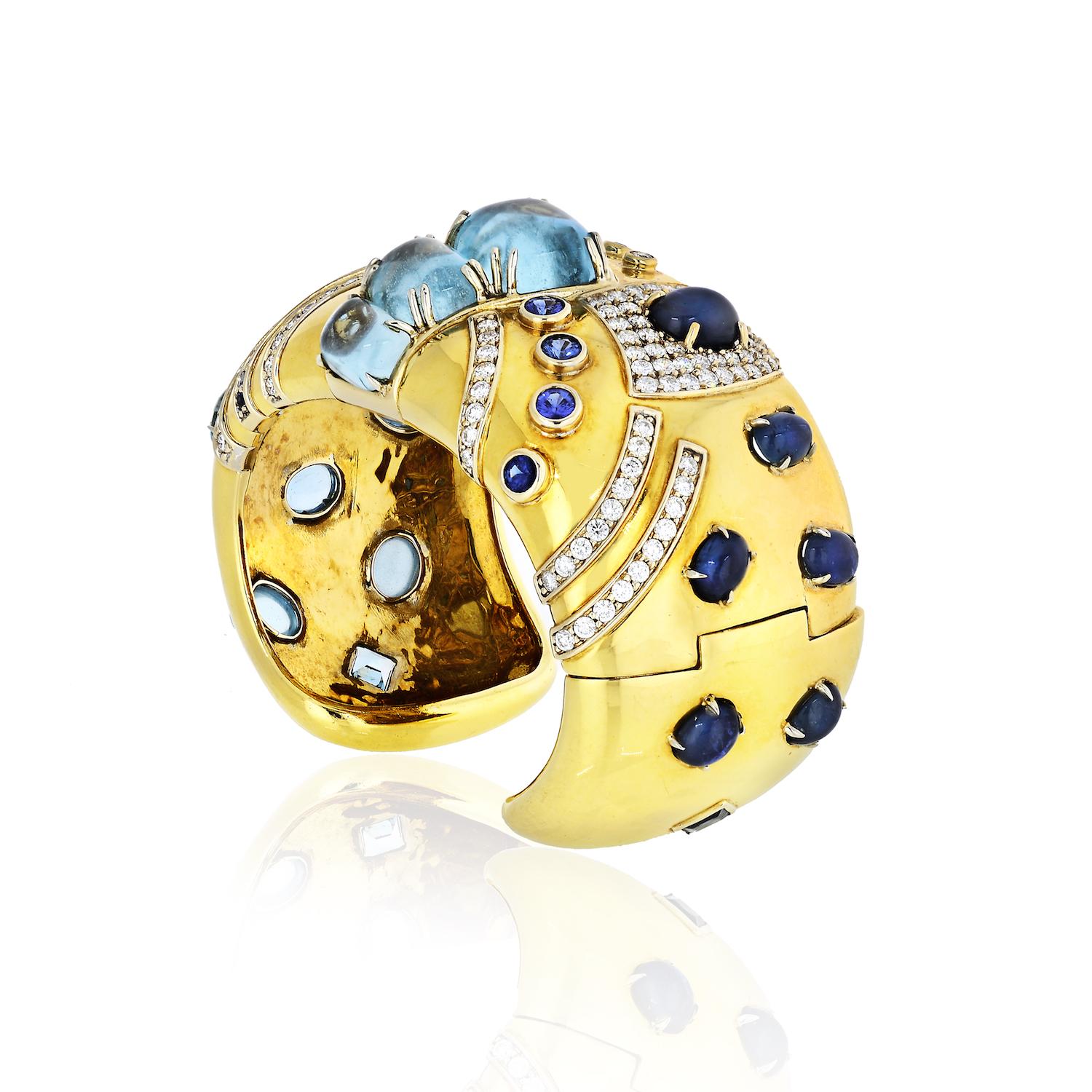 Modern Seaman Schepps 18 Karat Yellow Gold Aquamarine, Sapphire, Diamonds Jazz Cuff