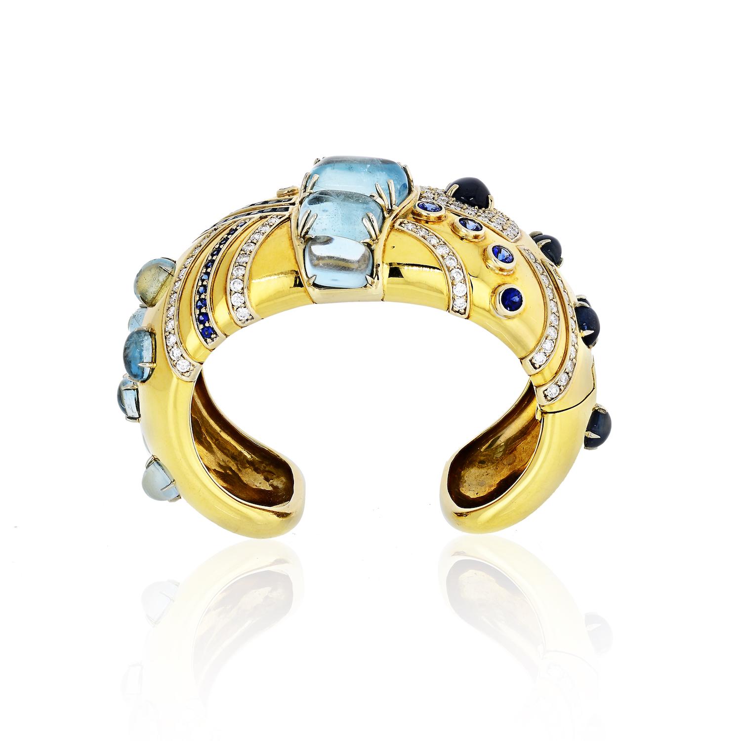 Round Cut Seaman Schepps 18 Karat Yellow Gold Aquamarine, Sapphire, Diamonds Jazz Cuff