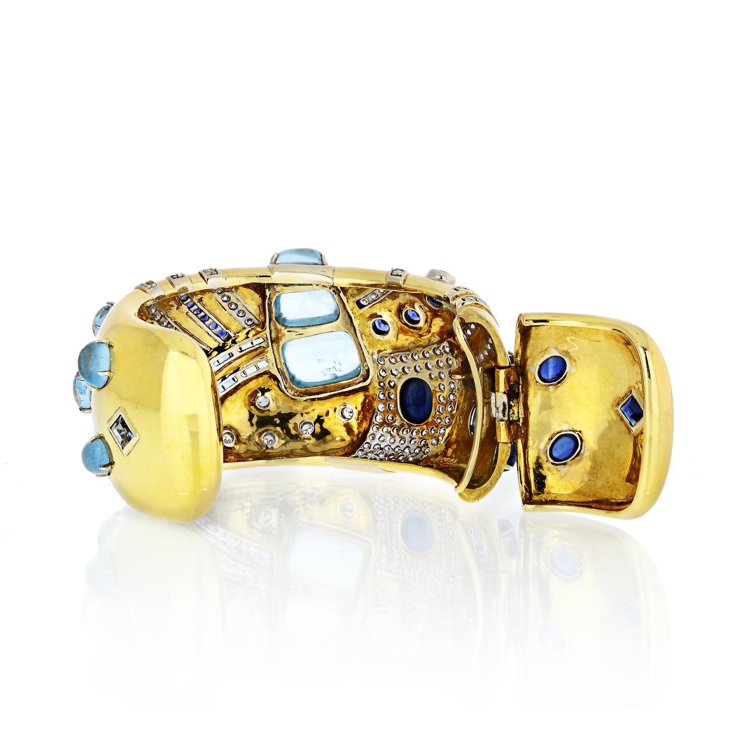 Seaman Schepps 18 Karat Yellow Gold Aquamarine, Sapphire, Diamonds Jazz Cuff In Excellent Condition In New York, NY