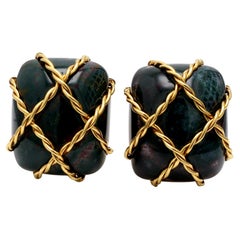 Seaman Schepps, orecchini a clip vintage avvolti in pietra sanguigna in oro giallo 18 carati