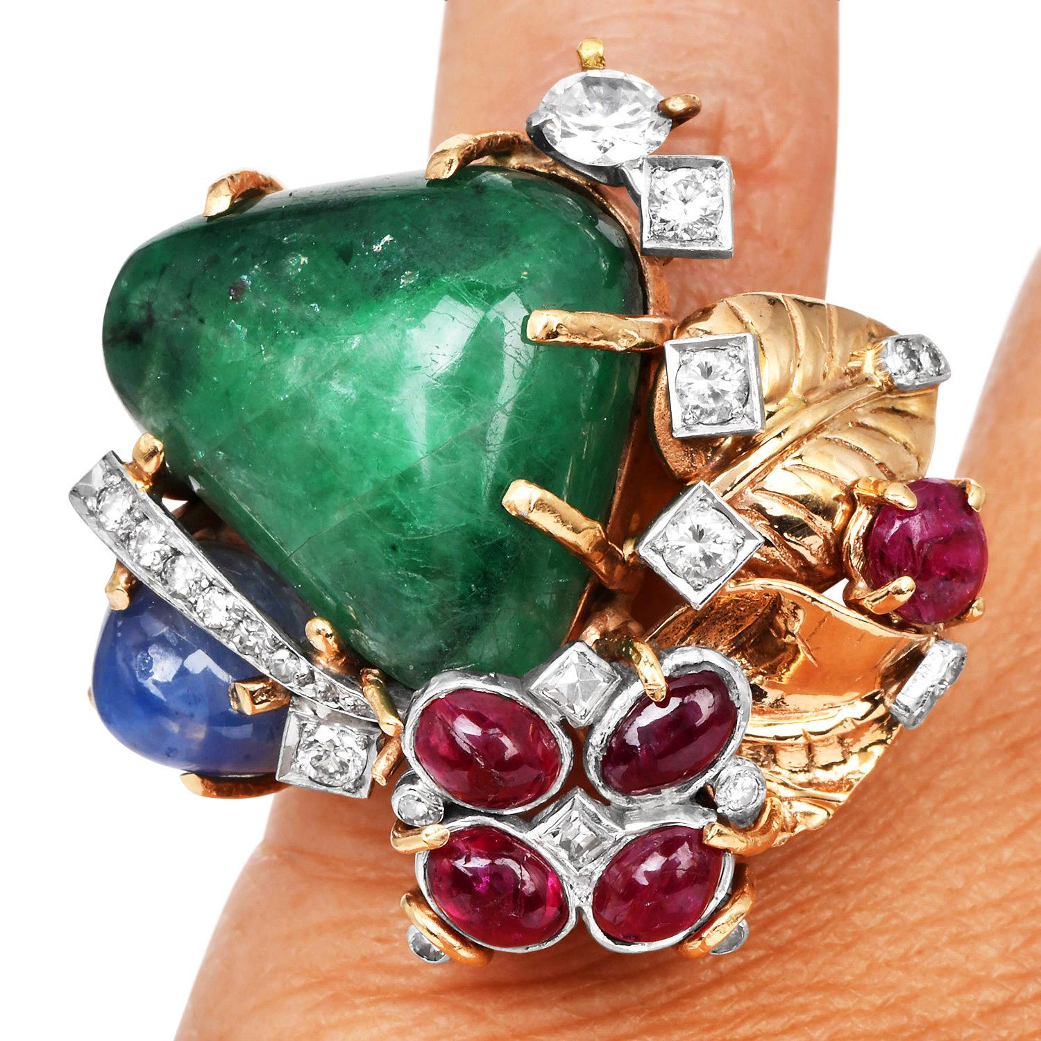 Seaman Schepps 18K Yellow Gold Cabochon Ruby, Emerald, Sapphire & Diamond Ring For Sale 5