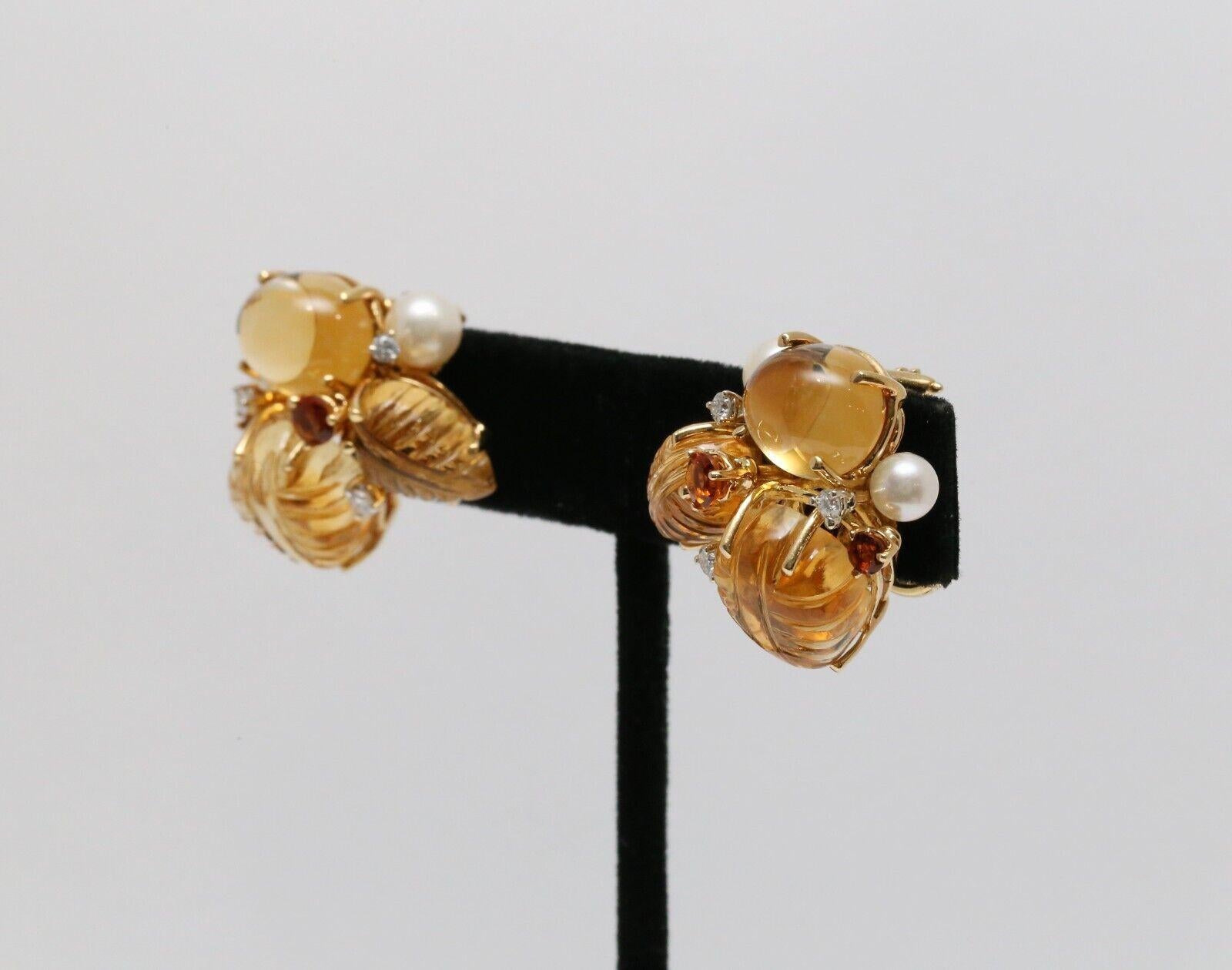 Cabochon Seaman Schepps 18k Yellow Gold Citrine, Pearl & Diamond Earclip Earrings, 21.0g For Sale