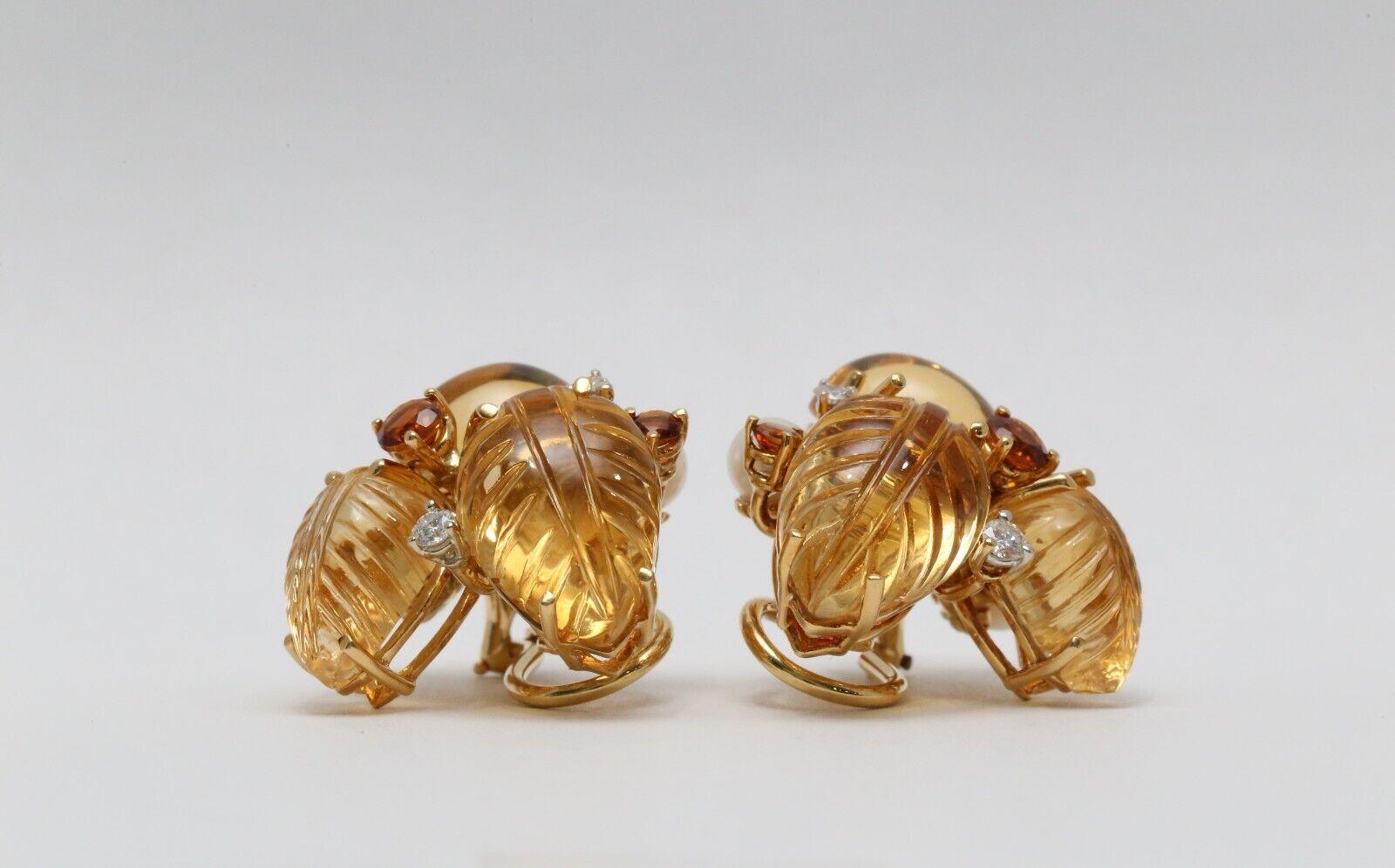 Women's Seaman Schepps 18k Yellow Gold Citrine, Pearl & Diamond Earclip Earrings, 21.0g For Sale