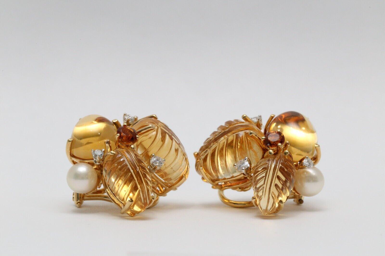 Seaman Schepps 18k Yellow Gold Citrine, Pearl & Diamond Earclip Earrings, 21.0g For Sale 1