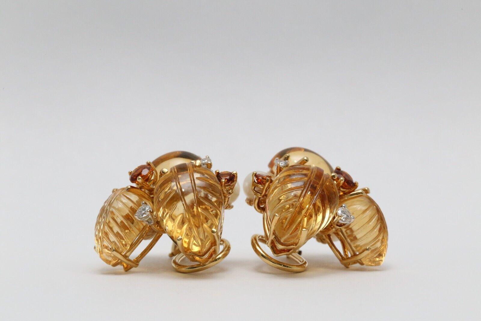 Seaman Schepps 18k Yellow Gold Citrine, Pearl & Diamond Earclip Earrings, 21.0g For Sale 2