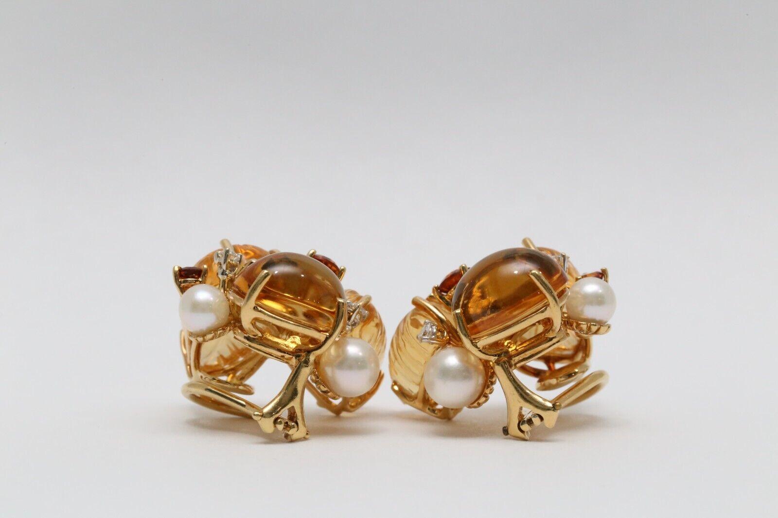 Seaman Schepps 18k Yellow Gold Citrine, Pearl & Diamond Earclip Earrings, 21.0g For Sale 3