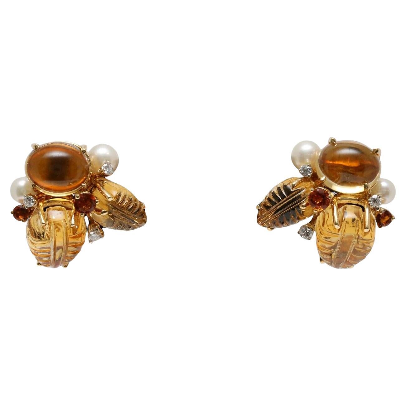 Seaman Schepps 18k Gelbgold Citrin, Perle & Diamant-Ohrclip-Ohrringe, 21.0g