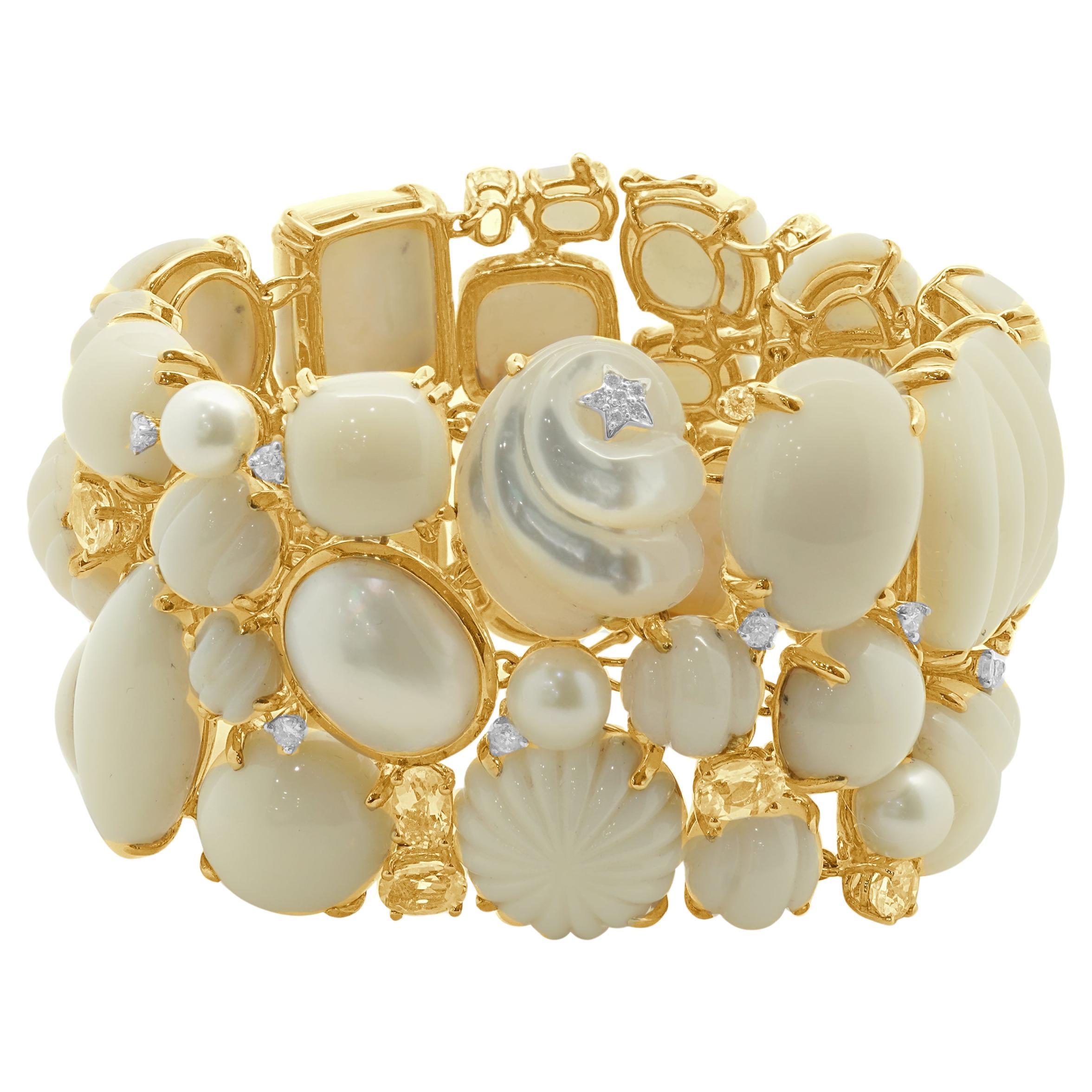 Seaman Schepps 18K Yellow Gold Coral Mother of Pearl Diamond, Morganite Bracelet For Sale