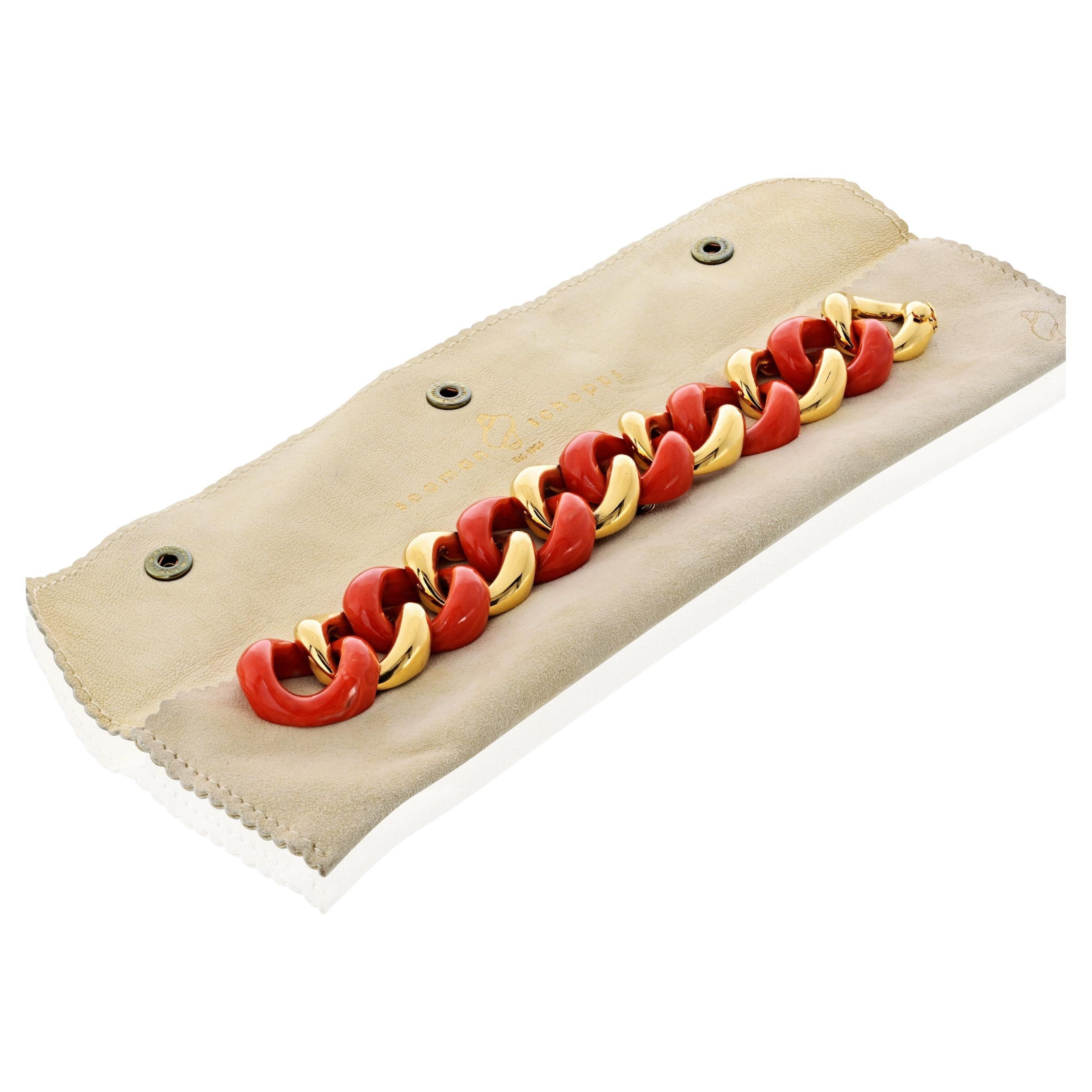 Seaman Schepps 18K Yellow Gold Orange Coral and Gold Link Bracelet