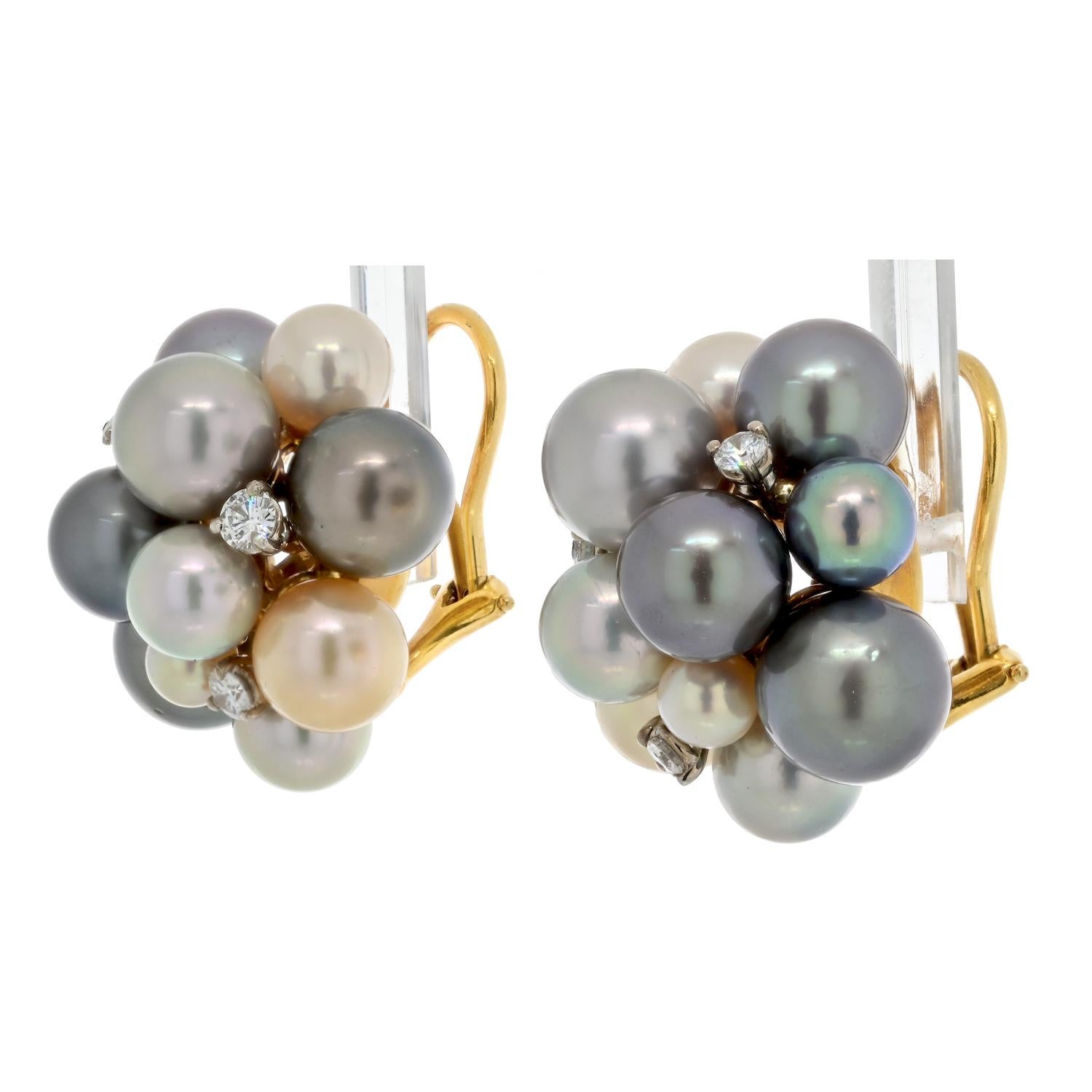 Modern Seaman Schepps 18K Yellow Gold Pearl And Diamond Bubble Clip On Earrings For Sale