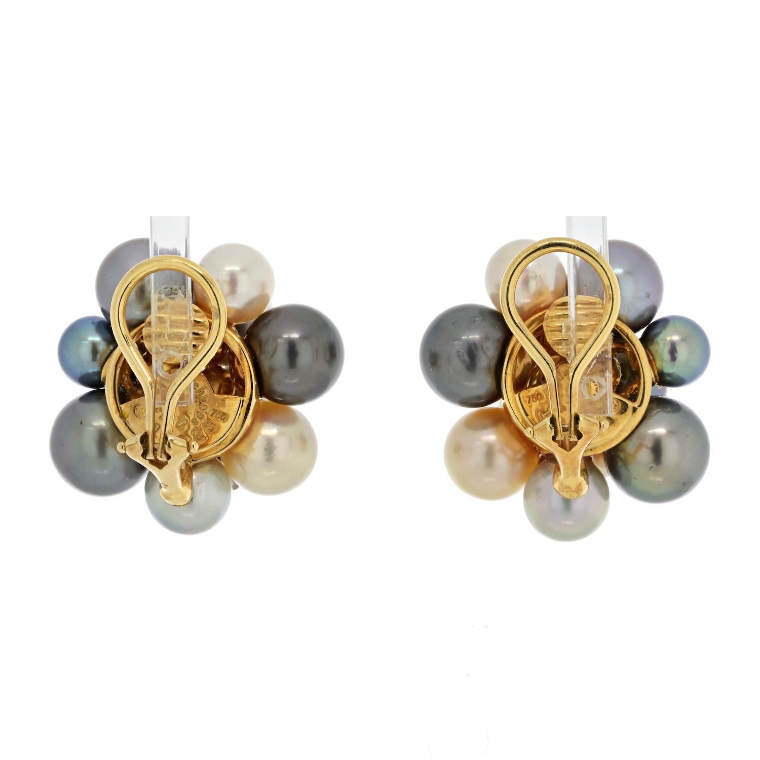 Seaman Schepps 18K Yellow Gold Pearl And Diamond Bubble Clip On Earrings In Excellent Condition For Sale In New York, NY