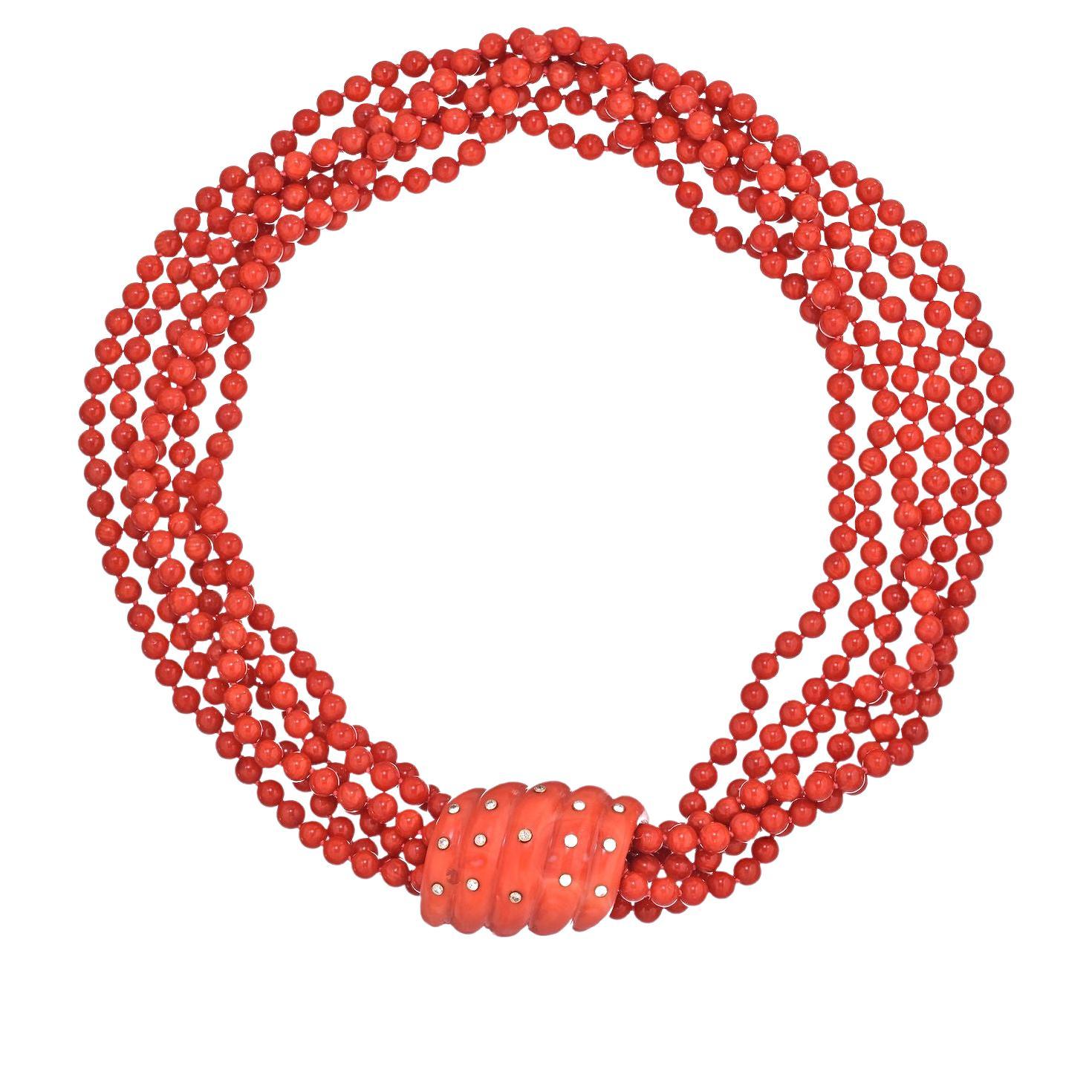 Seaman Schepps 18K Yellow Gold Six Strang Coral and Diamond Necklace For Sale