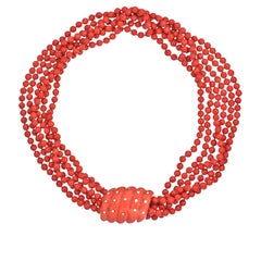 Seaman Schepps 18K Yellow Gold Six Strang Coral and Diamond Necklace