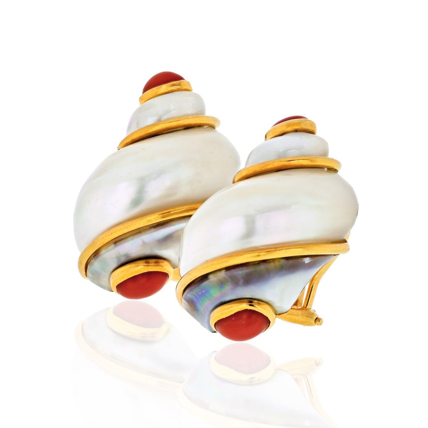 TURBO SHELL AND CORAL EARRINGS, 18K GOLD, SIGNED SEAMAN SCHEPPS. LENGTH 1.25. 

The shells of this sea snail species, which dates back 100 million years to the Upper Cretaceous period, feature a distinctive spiral sculpture with an inner layer of