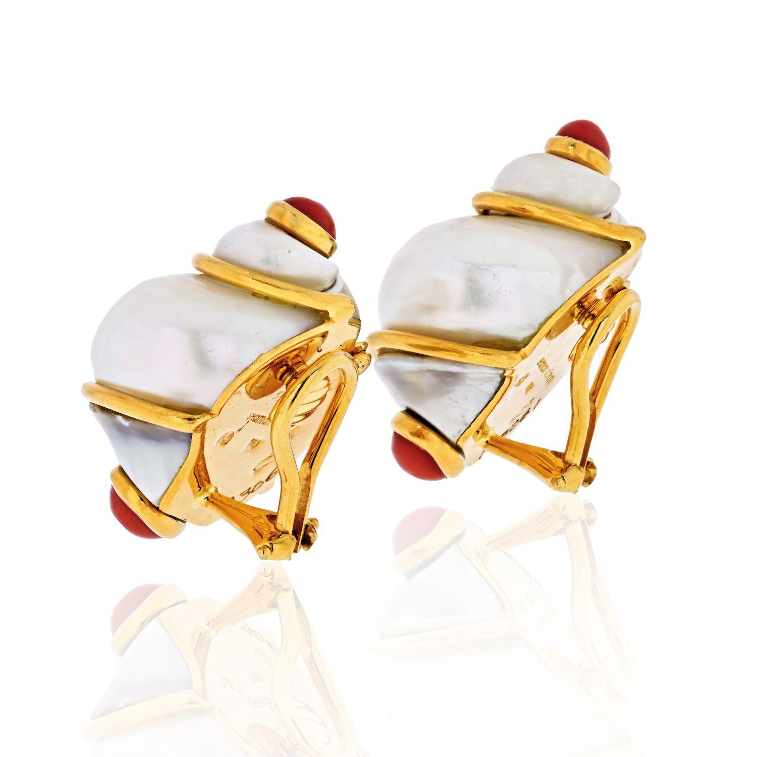 Modern Seaman Schepps 18 Karat Yellow Gold Turbo Shell and Coral Earrings