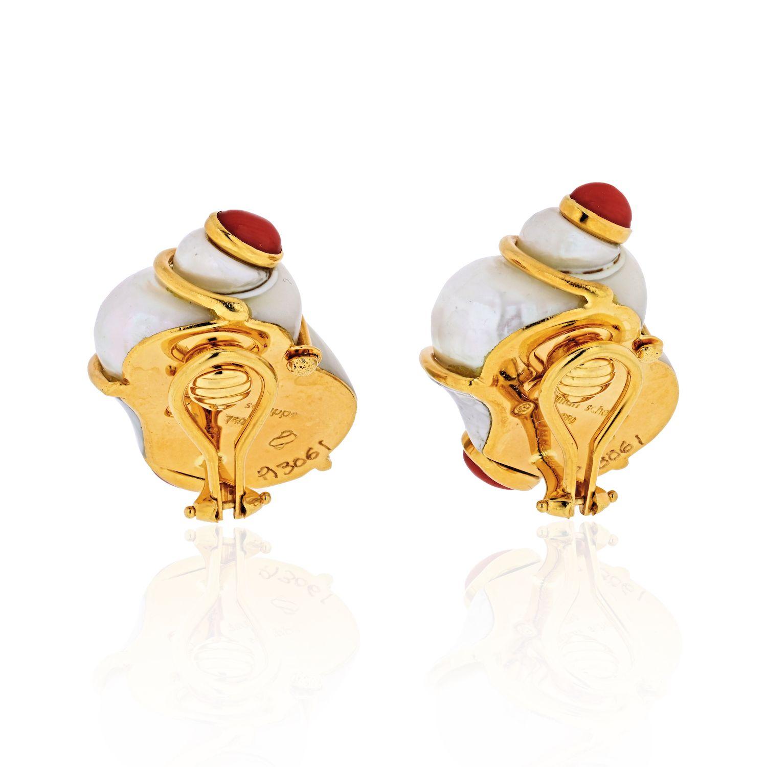 Oval Cut Seaman Schepps 18 Karat Yellow Gold Turbo Shell and Coral Earrings