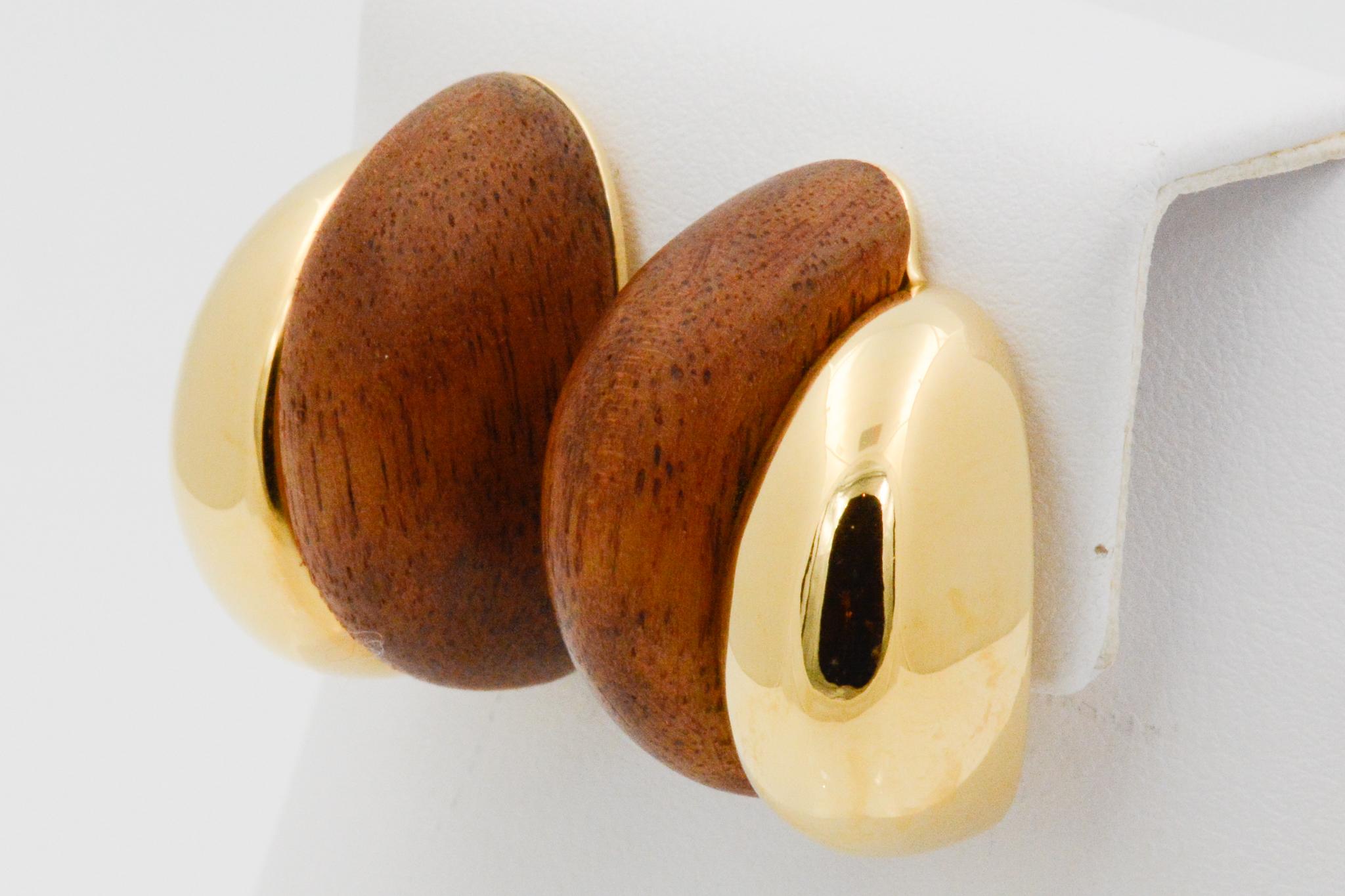 Modern Seaman Schepps 18 Karat Yellow Gold Walnut Wood Silhouette Earrings