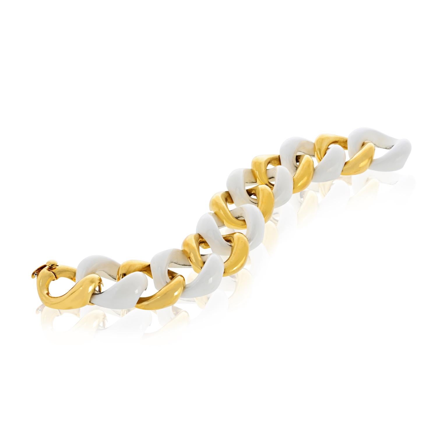 Moderne Seaman Schepps Bracelet à maillons en céramique blanche et or jaune 18K en vente