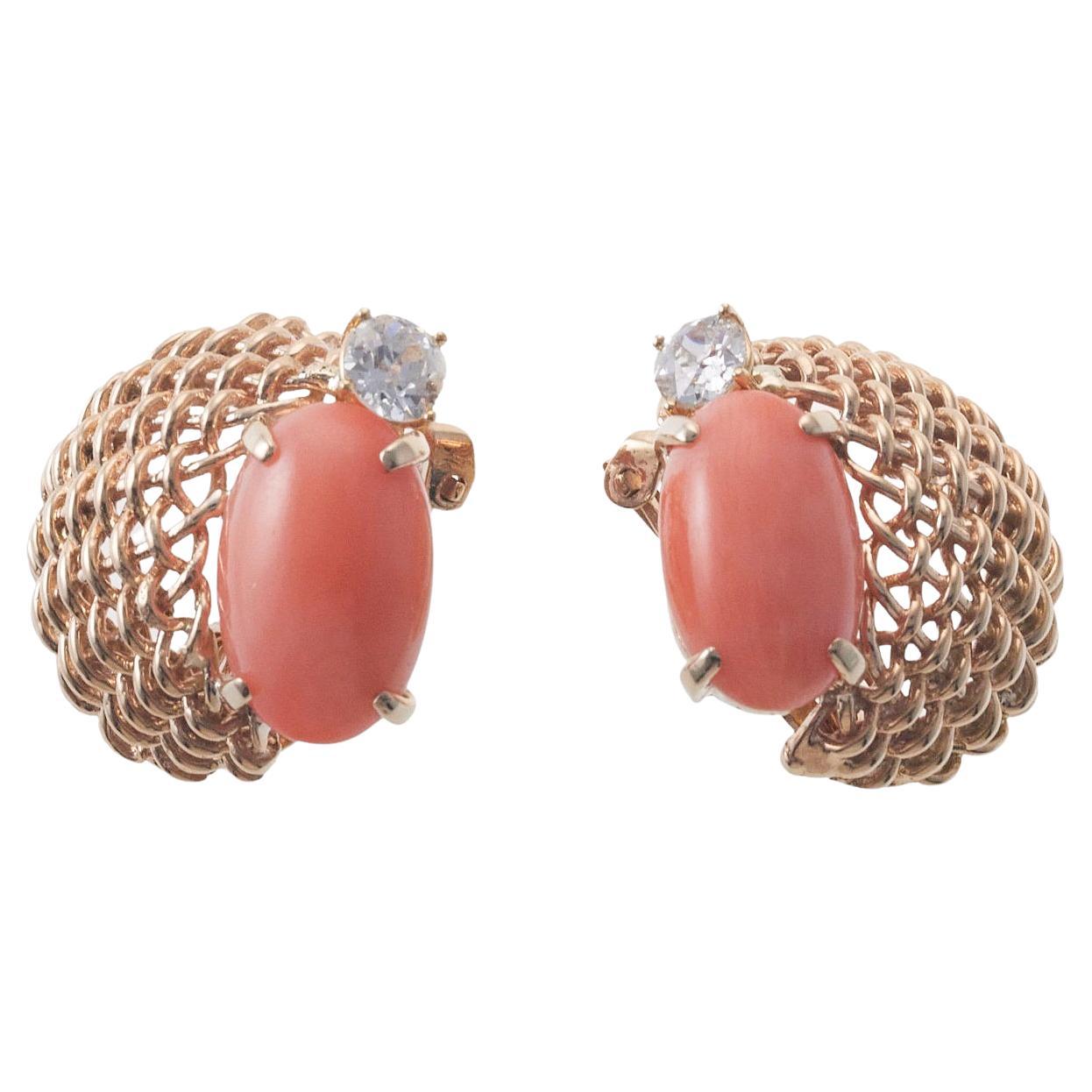 Seaman Schepps 1940s Basket Weave Coral Diamond Gold Earrings
