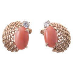 Seaman Schepps 1940s Basket Weave Coral Diamond Gold Earrings