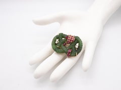 Seaman Schepps 1950 Brooch in 14Kt with Nephrite and 4.20 Ctw in Diamonds Rubies