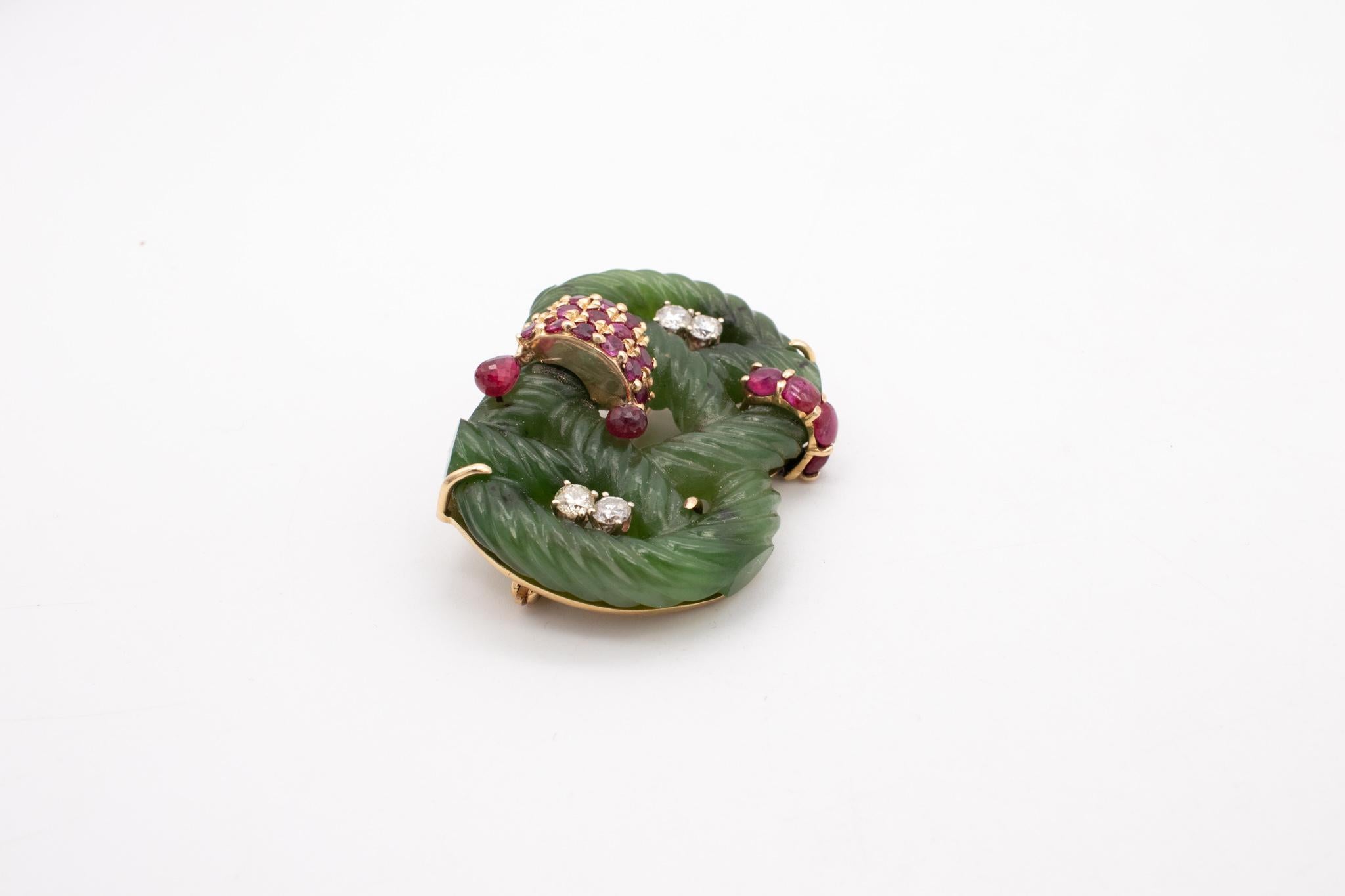 Post-War Seaman Schepps 1950 Brooch in 14Kt with Nephrite and 4.20 Ctw in Diamonds Rubies For Sale