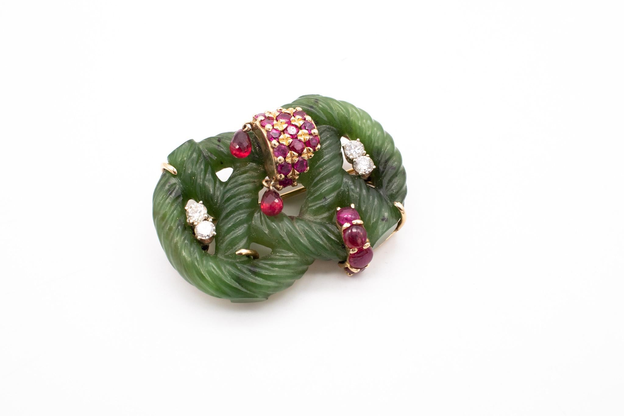 Mixed Cut Seaman Schepps 1950 Brooch in 14Kt with Nephrite and 4.20 Ctw in Diamonds Rubies For Sale