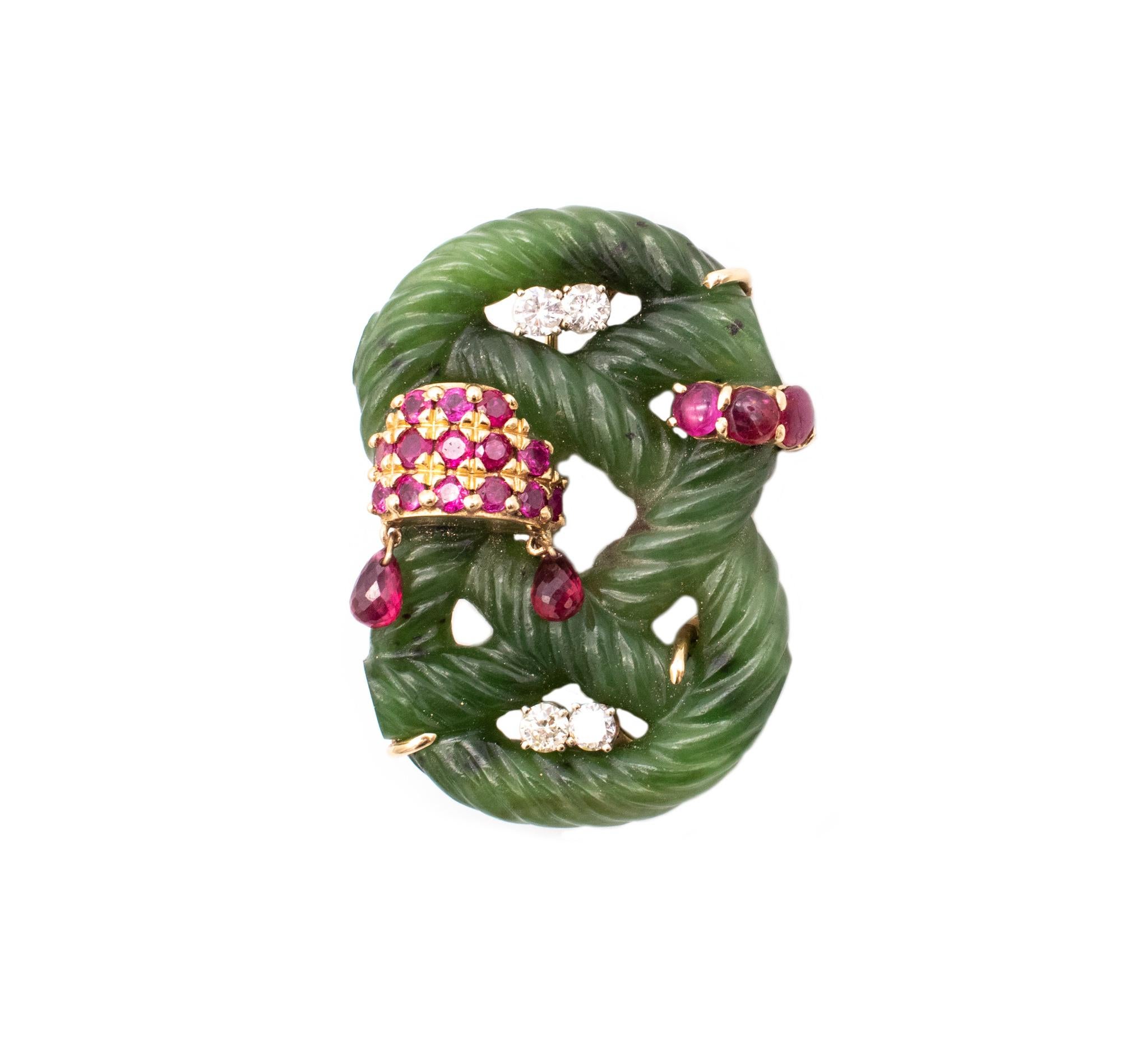 Seaman Schepps 1950 Brooch in 14Kt with Nephrite and 4.20 Ctw in Diamonds Rubies For Sale 1