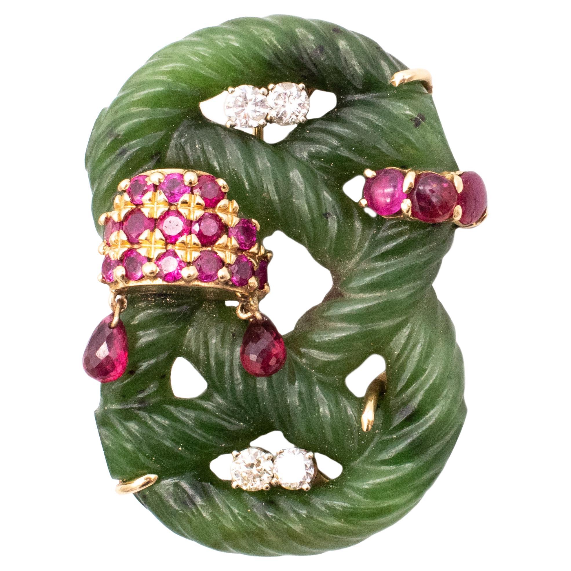Seaman Schepps 1950 Brooch in 14Kt with Nephrite and 4.20 Ctw in Diamonds Rubies For Sale