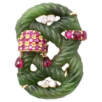Seaman Schepps Brooch with Nephrite, Diamonds and Rubies, 1950