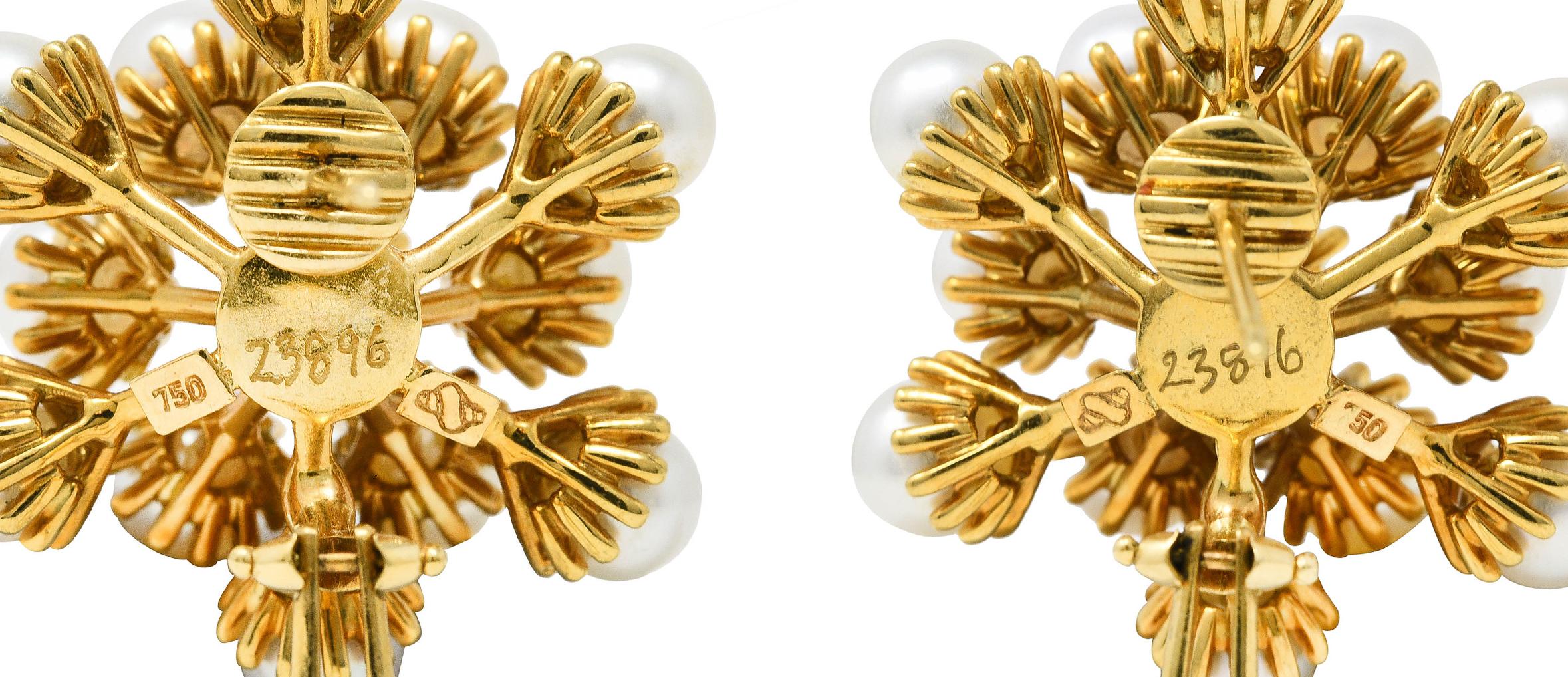 Uncut Seaman Schepps 1960's Pearl 18 Karat Yellow Gold Burst Cluster Vintage Earrings