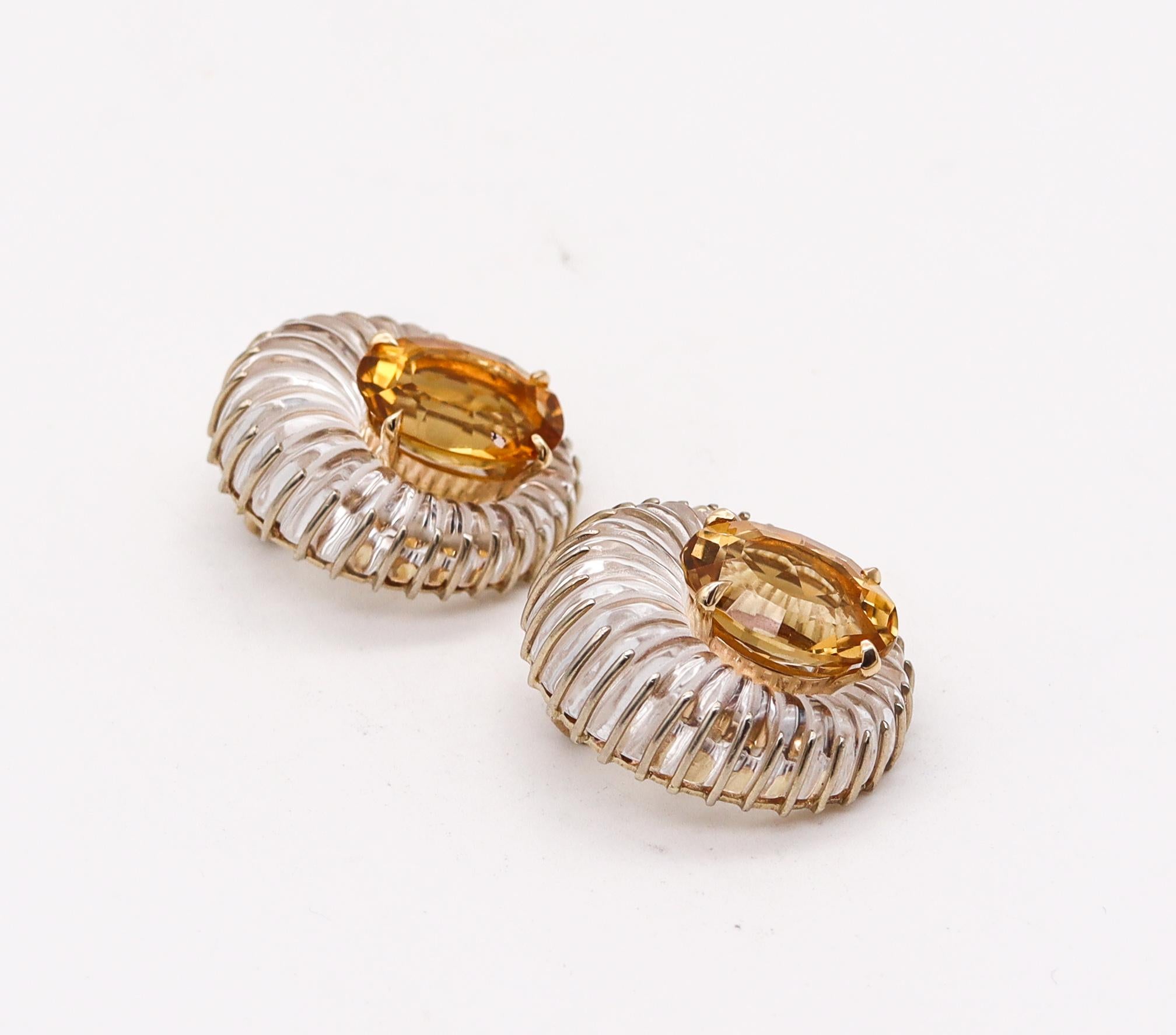 Modernist Seaman Schepps 1970 Fluted Rock Quartz Earrings 14kt Gold with 79.32cts Citrine For Sale