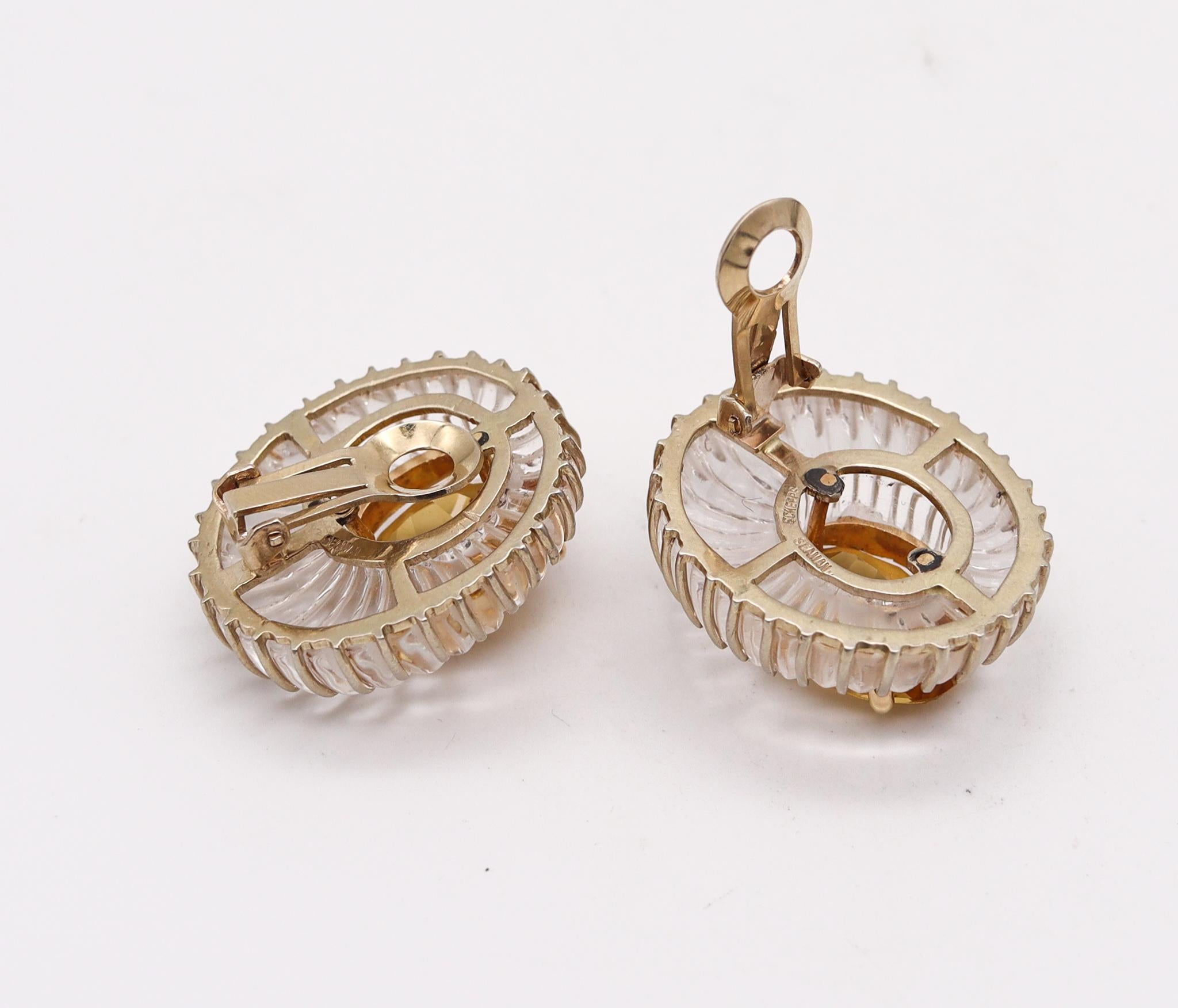 Cabochon Seaman Schepps 1970 Fluted Rock Quartz Earrings 14kt Gold with 79.32cts Citrine For Sale