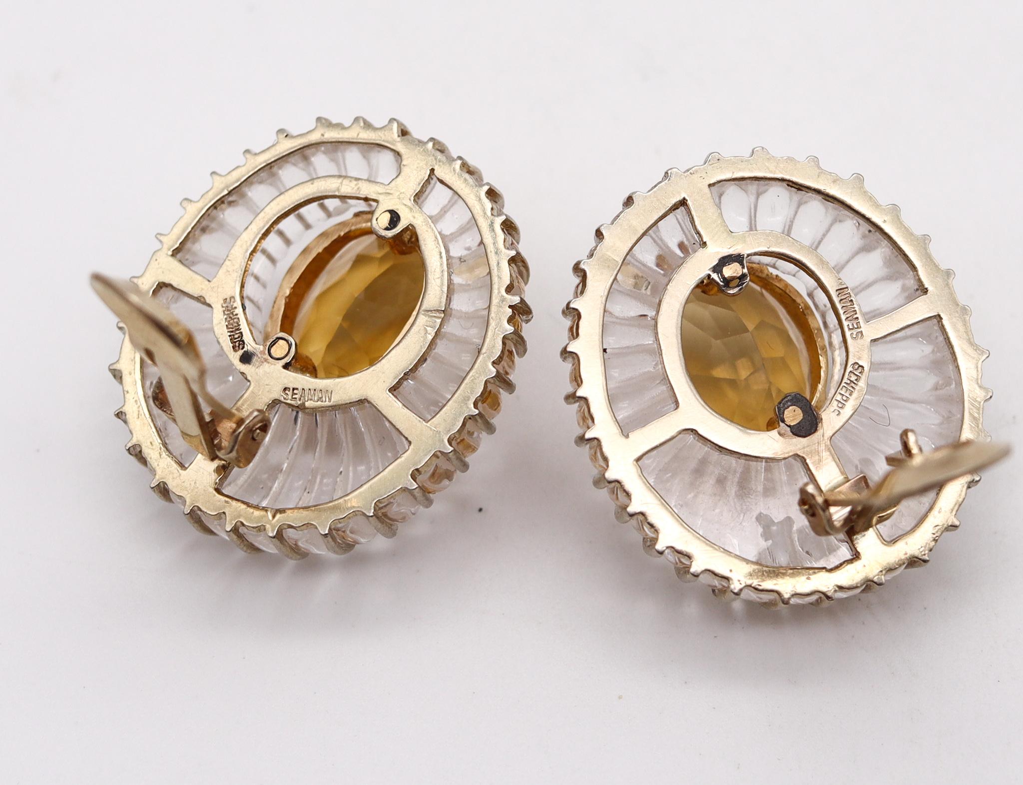 Seaman Schepps 1970 Fluted Rock Quartz Earrings 14kt Gold with 79.32cts Citrine In Excellent Condition For Sale In Miami, FL