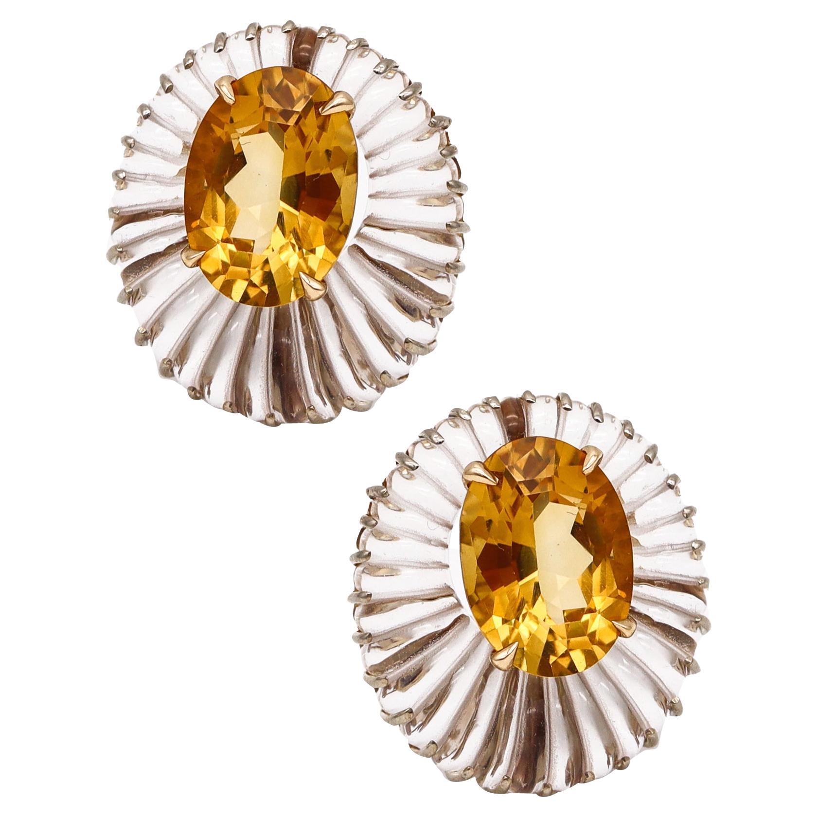 Seaman Schepps Boucles d'oreilles en or 14 carats et quartz de roche cannelé avec 79,32 carats de citrine, 1970