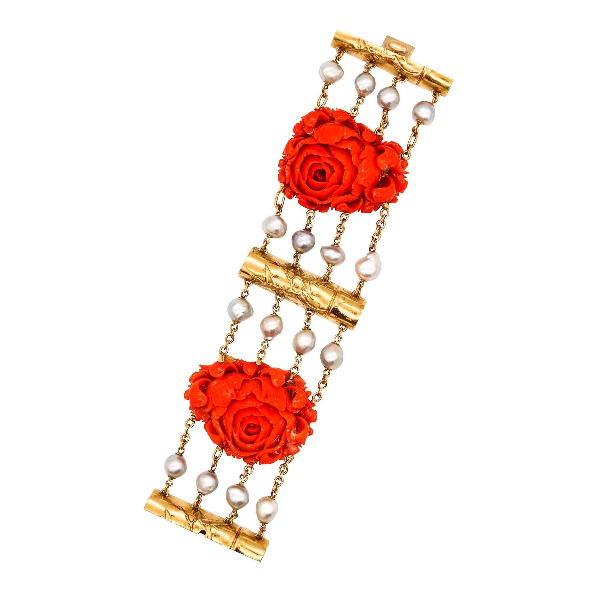 Seaman Schepps 1970 New York Rare Bracelet in 18Kt Gold with Red Coral and Pearl For Sale 1
