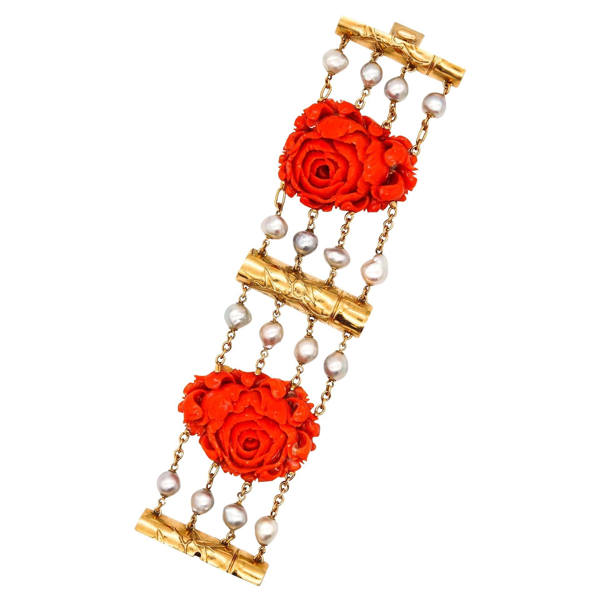 Seaman Schepps 1970 New York Rare Bracelet in 18Kt Gold with Red Coral and Pearl For Sale