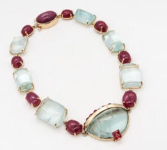 Seaman Schepps 1970 Retro Necklace 14Kt Gold with 384.37 Ctw Rubies & Aquamarine