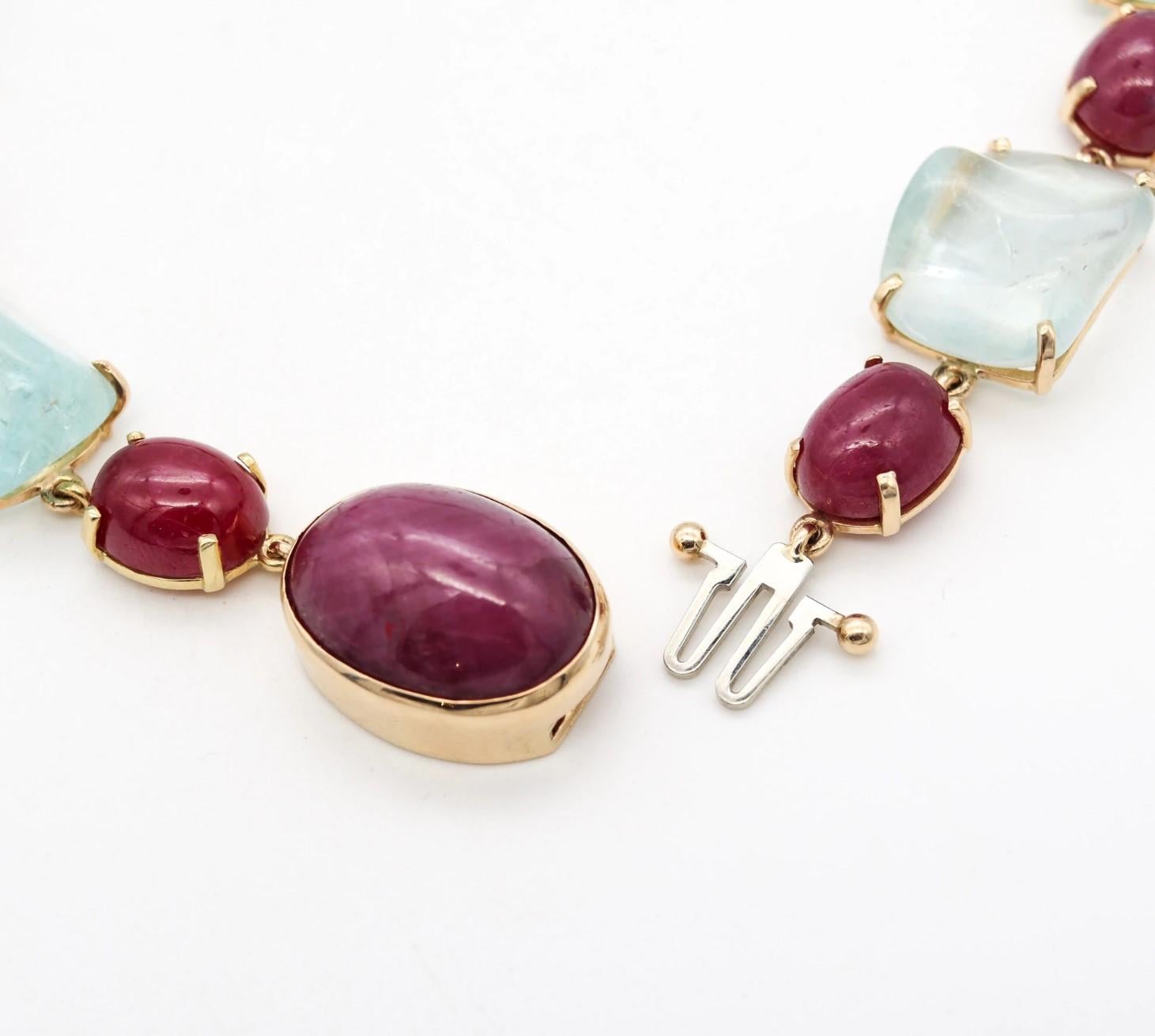 Mixed Cut Seaman Schepps 1970 Retro Necklace 14Kt Gold with 384.37 Ctw Rubies & Aquamarine For Sale