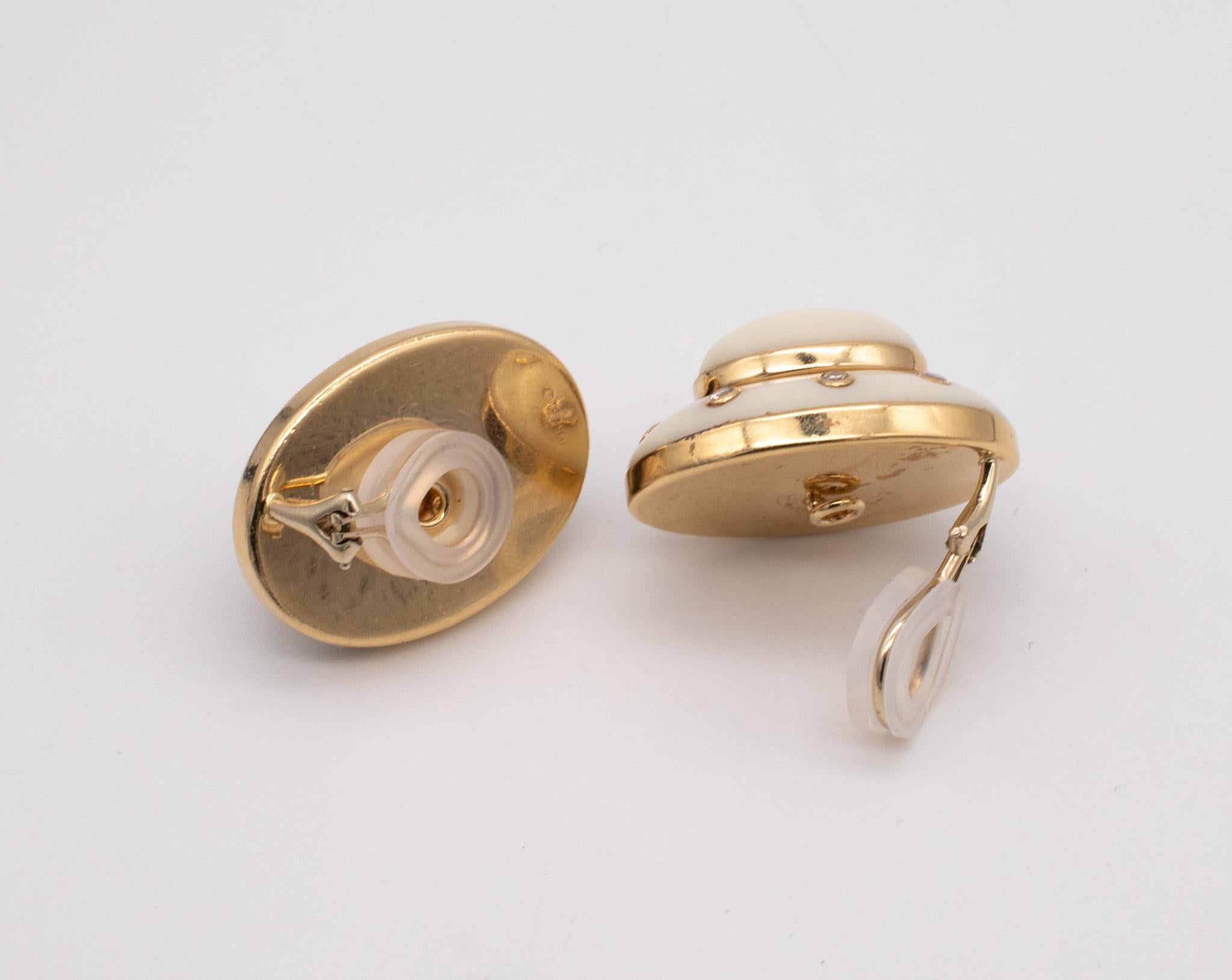 Modernist Seaman Schepps 1970 Trianon 18Kt Yellow Gold Ear Clips with Diamonds and Coral