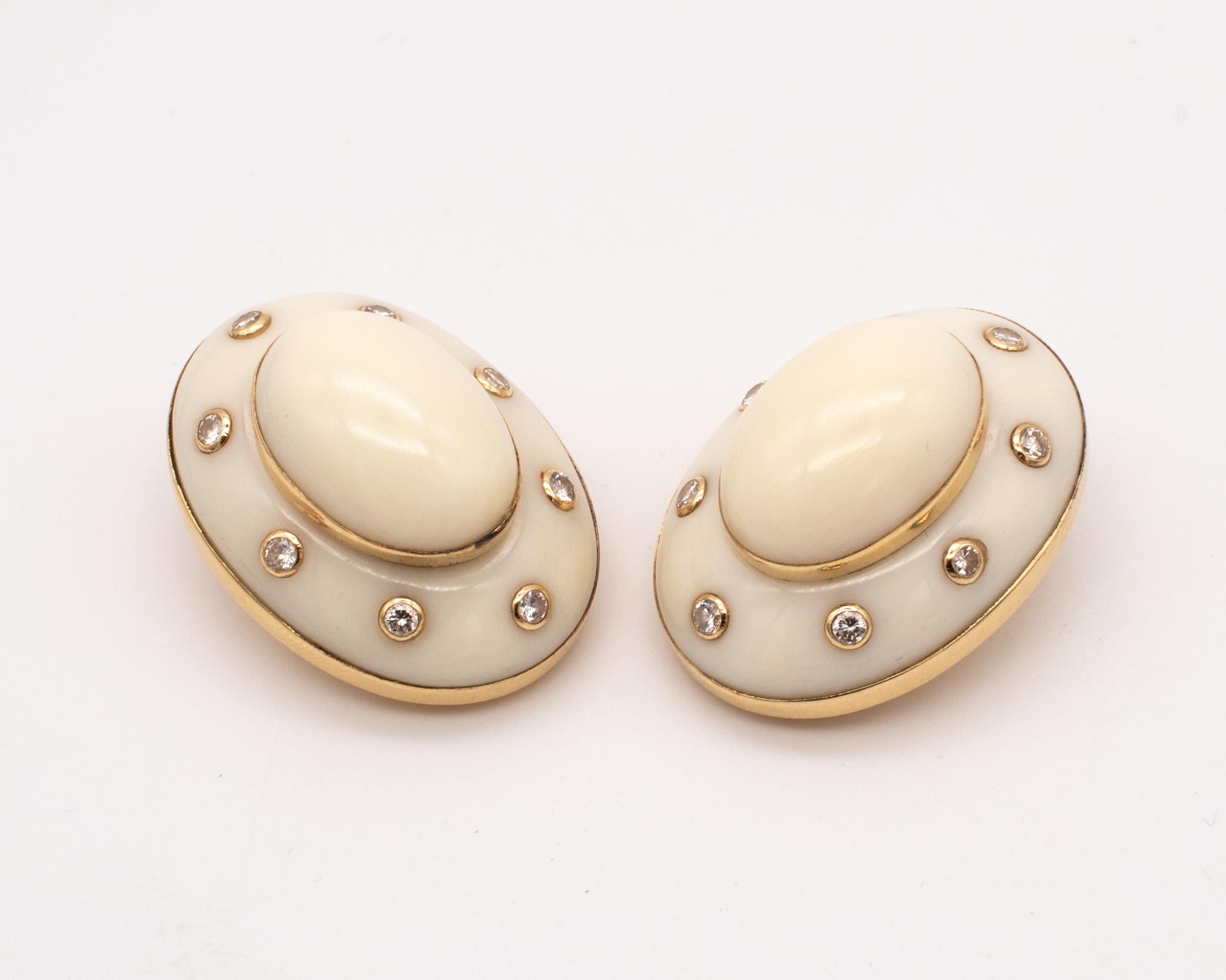 Mixed Cut Seaman Schepps 1970 Trianon 18Kt Yellow Gold Ear Clips with Diamonds and Coral