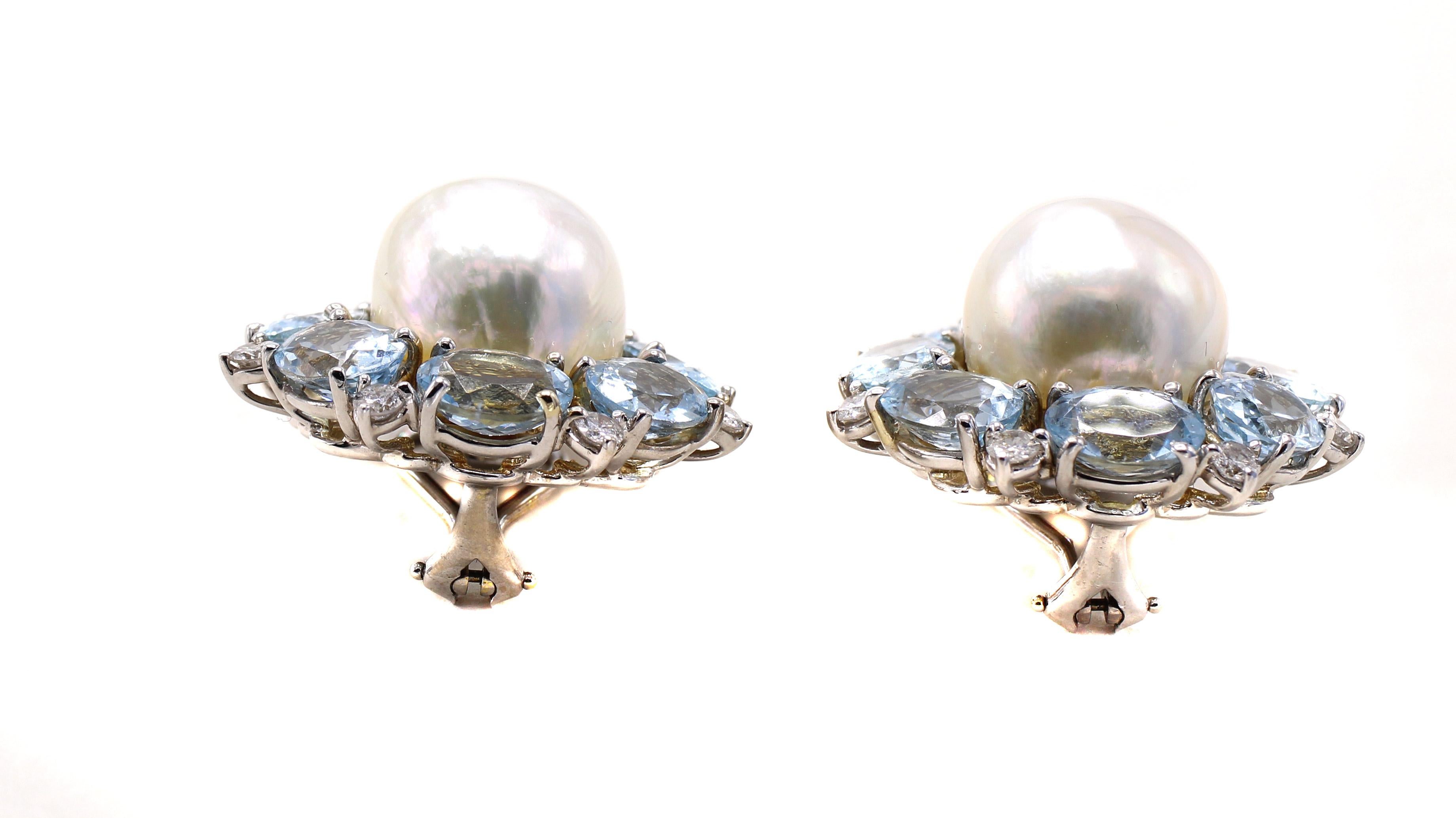 Mixed Cut Seaman Schepps 1970s Aquamarine Pearl White Gold Ear Clips