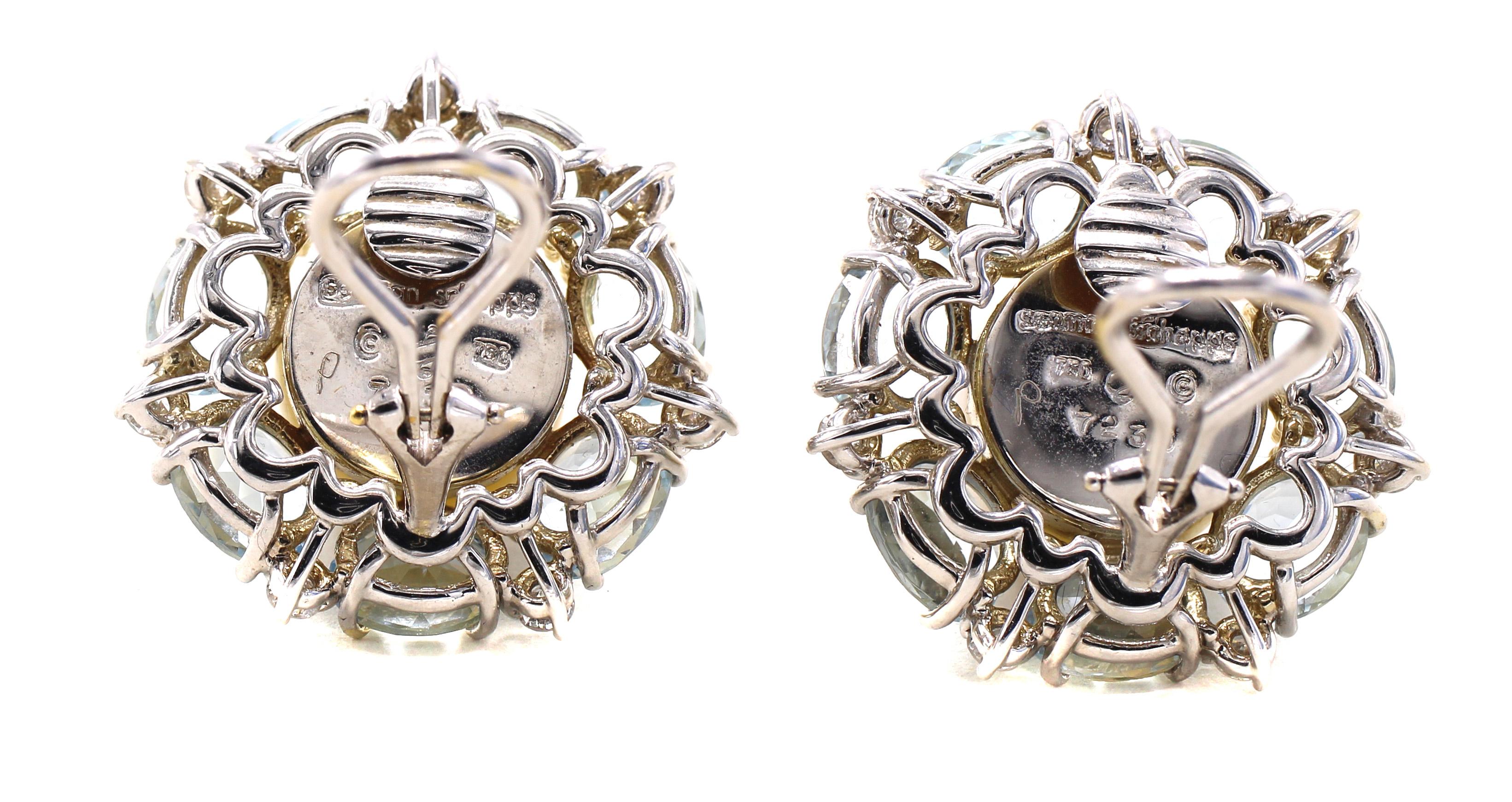 Seaman Schepps 1970s Aquamarine Pearl White Gold Ear Clips In Excellent Condition For Sale In New York, NY