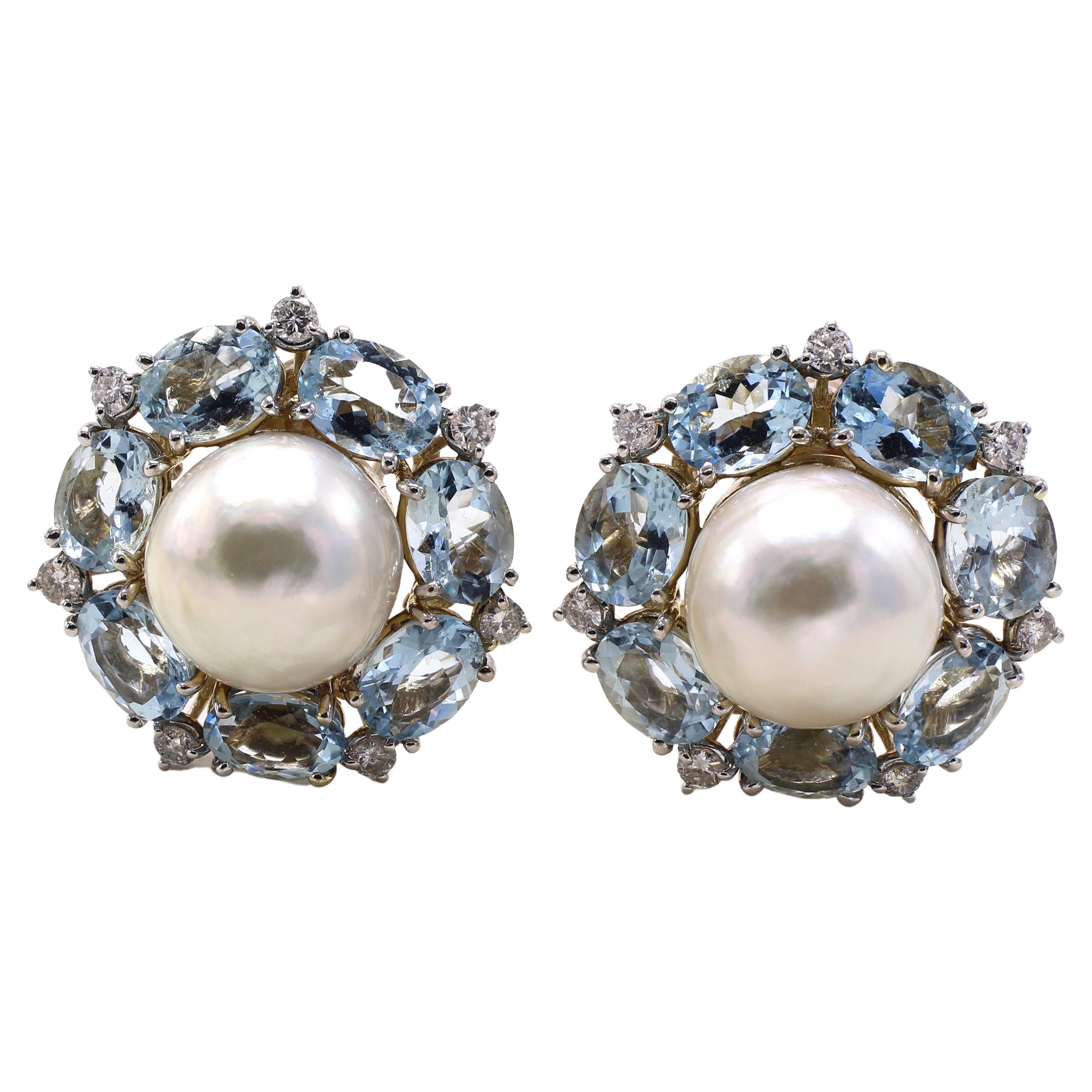 Seaman Schepps Clips d'oreilles en or blanc avec aigue-marine et perles des années 1970