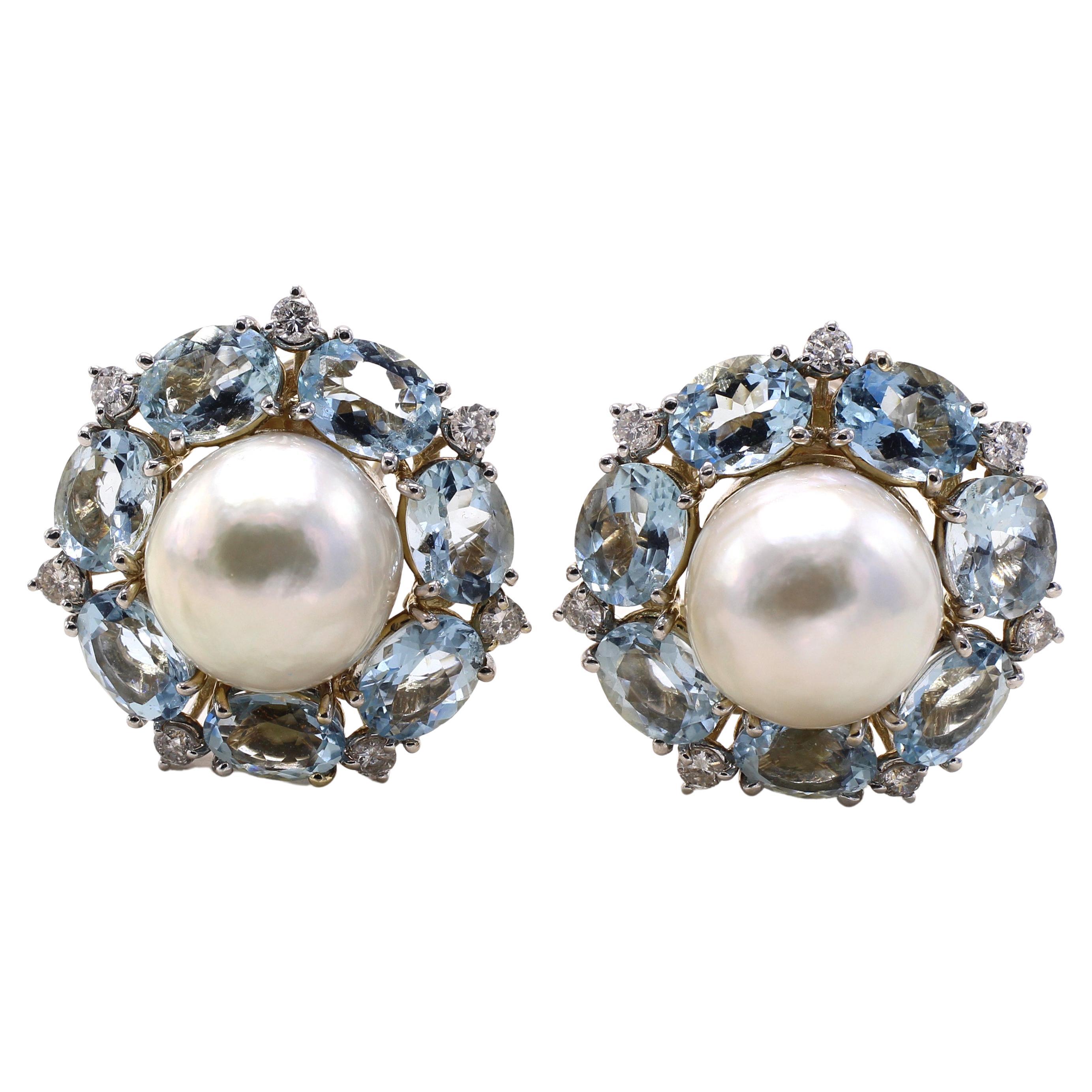 Seaman Schepps 1970s Aquamarine Pearl White Gold Ear Clips