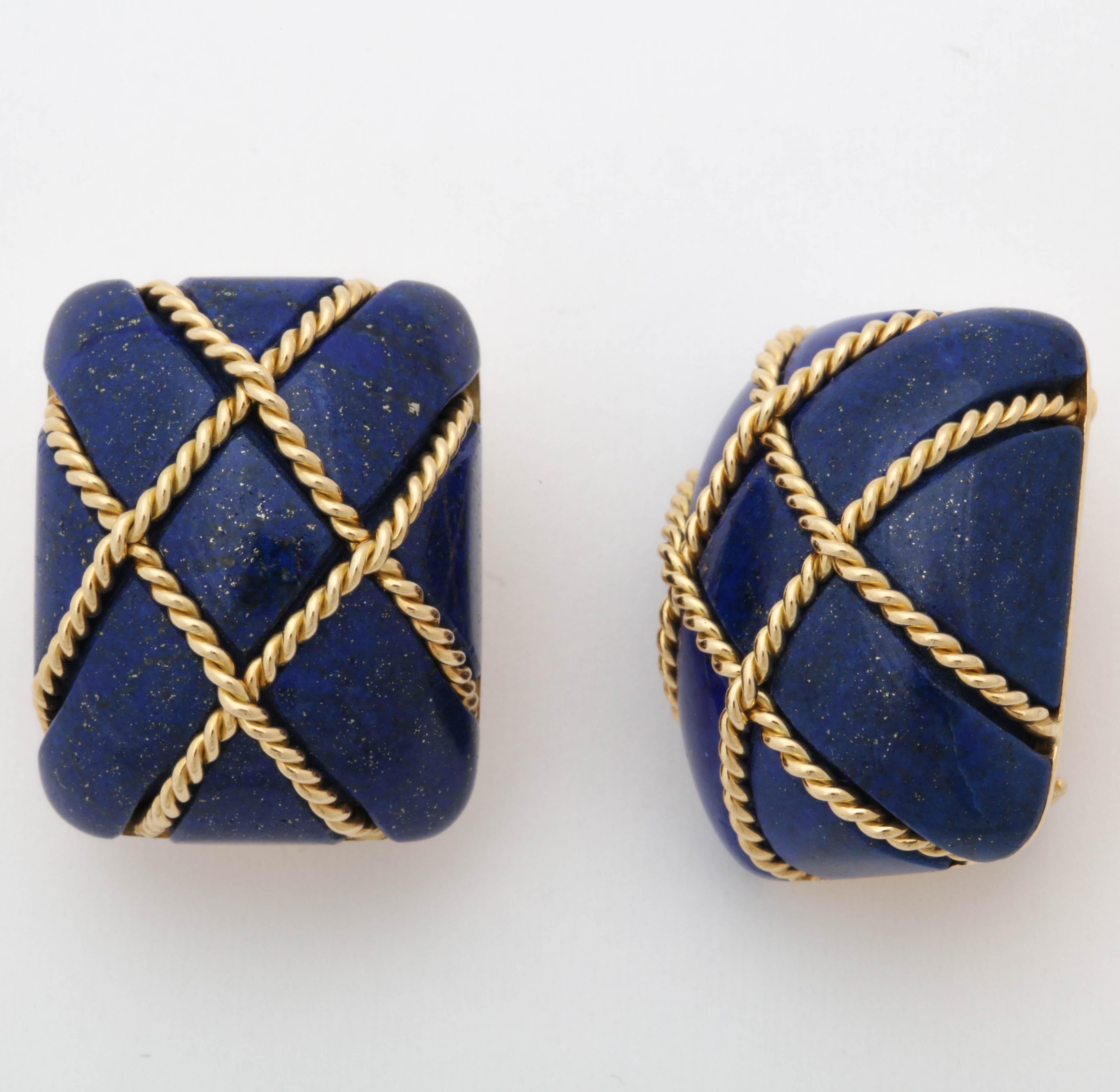 Seaman Schepps 1990s Large Sugar Loaf Cut Lapis Lazuli and Gold Earrings In Good Condition In New York, NY