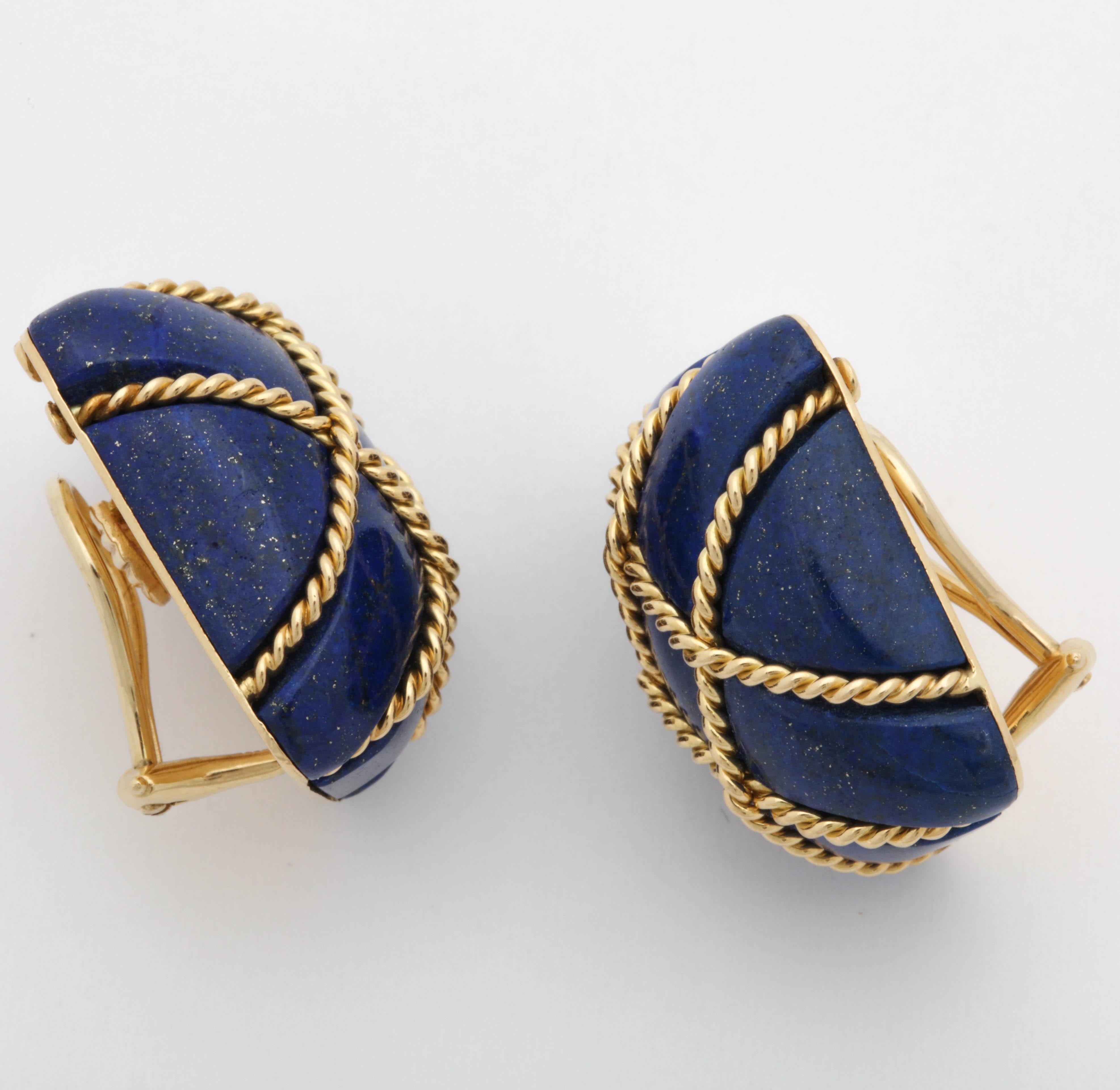 Seaman Schepps 1990s Large Sugar Loaf Cut Lapis Lazuli and Gold Earrings 2